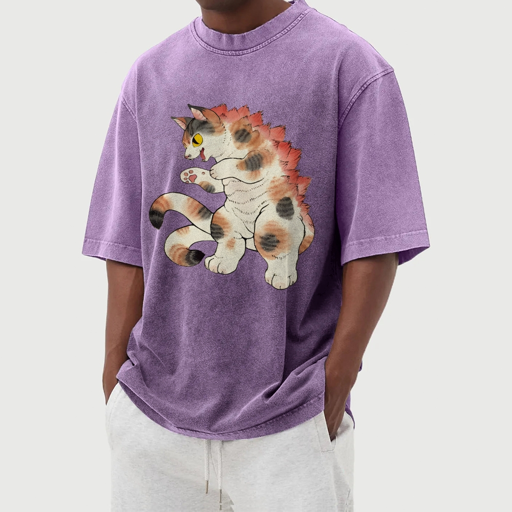 Godzilla Cat Washed Vintage Short Sleeves T-Shirt