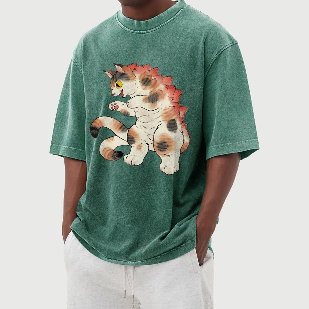 Godzilla Cat Washed Vintage Short Sleeves T-Shirt