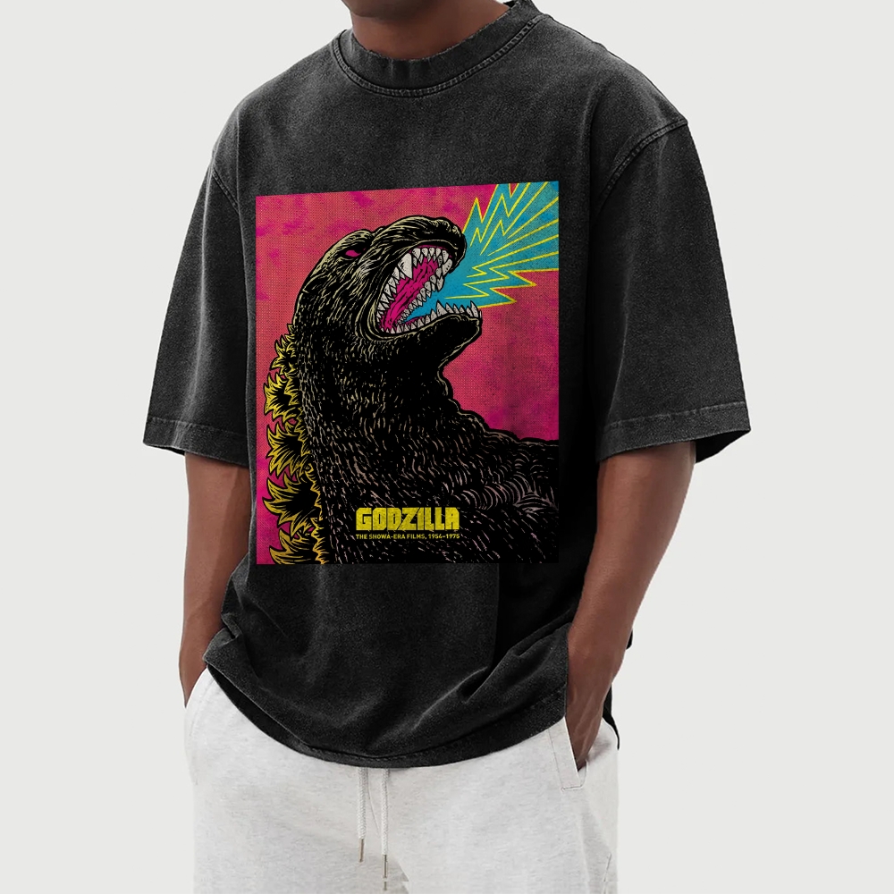 The Angry Godzilla Pattern Washed Vintage Short Sleeves T-Shirt