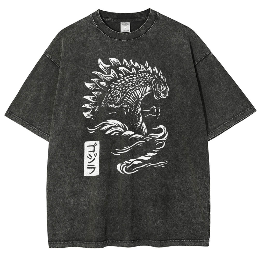 Godzilla Pattern Washed Vintage Short Sleeves T-Shirt