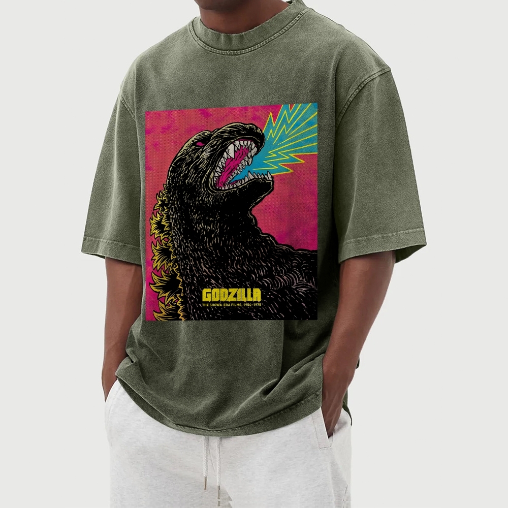The Angry Godzilla Pattern Washed Vintage Short Sleeves T-Shirt