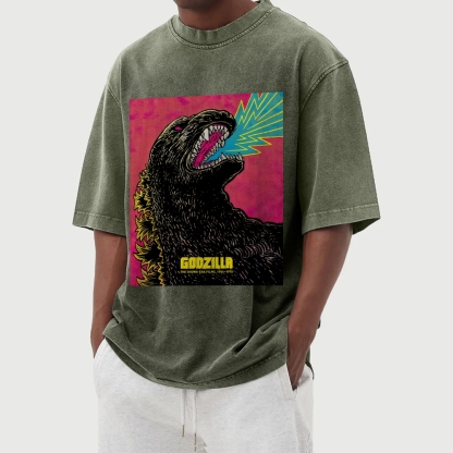 The Angry Godzilla Pattern Washed Vintage Short Sleeves T-Shirt