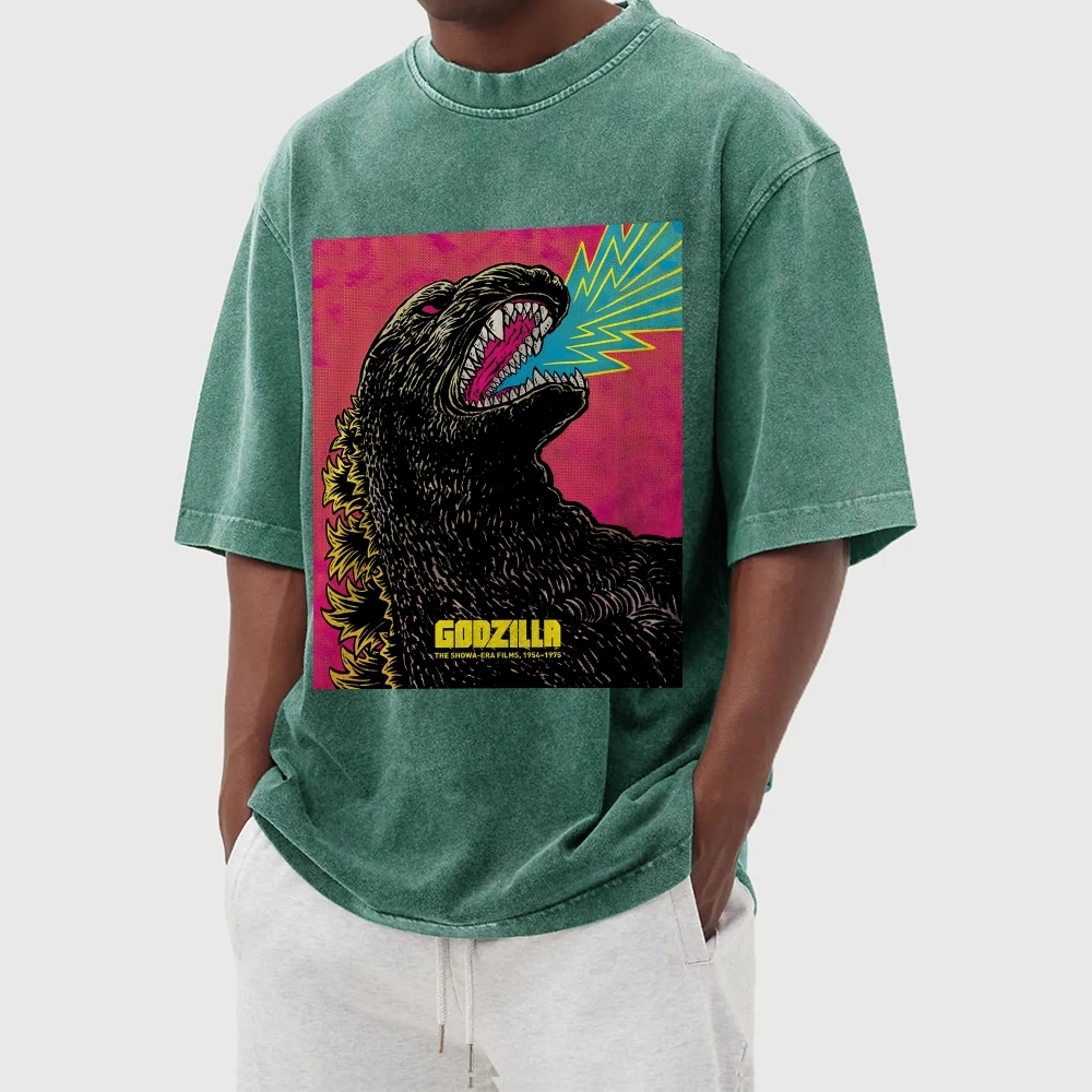 The Angry Godzilla Pattern Washed Vintage Short Sleeves T-Shirt