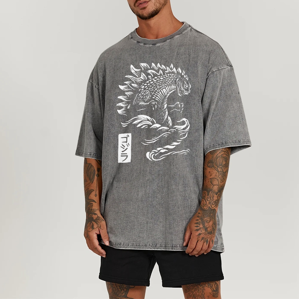 Godzilla Pattern Washed Vintage Short Sleeves T-Shirt