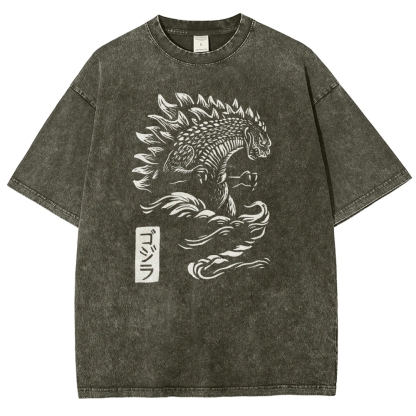 Godzilla Pattern Washed Vintage Short Sleeves T-Shirt