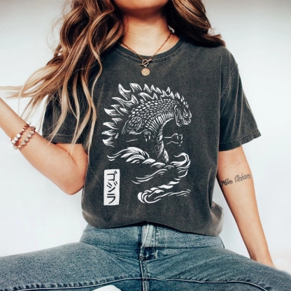 Godzilla Pattern Washed Vintage Short Sleeves T-Shirt