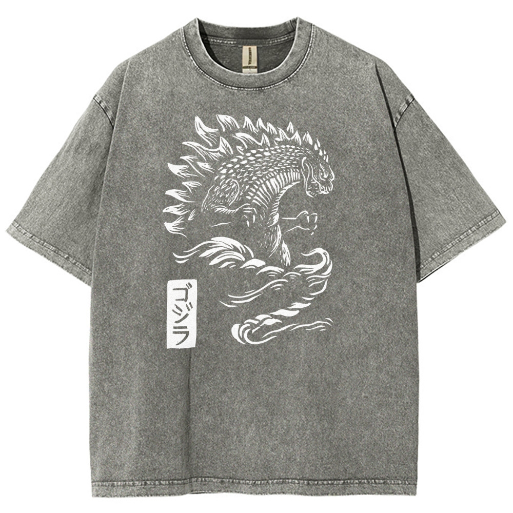 Godzilla Pattern Washed Vintage Short Sleeves T-Shirt
