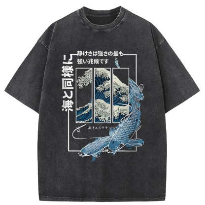 Ukiyoe Waves And Fish Washed Vintage T-Shirt