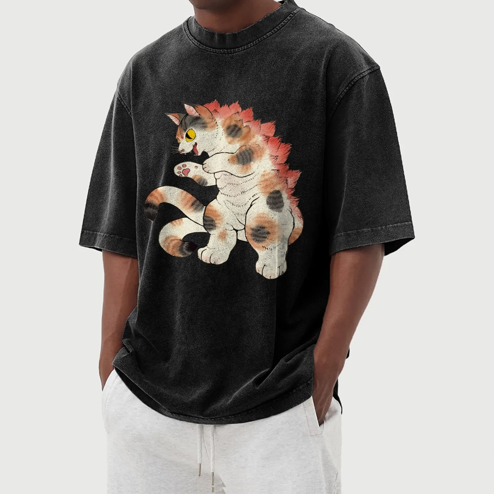 Godzilla Cat Washed Vintage Short Sleeves T-Shirt