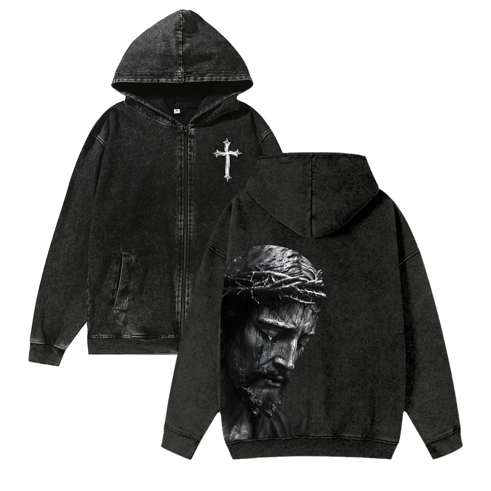 Unisex Weeping Jesus Washed Cotton Zipper Hooded Sweatshirt