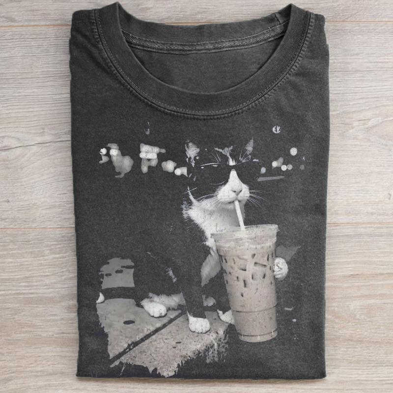 Tuxedo Cat Drinking Iced Coffee T-shirt