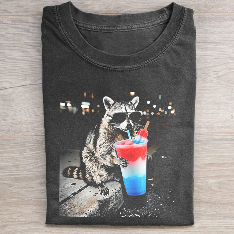 4th of July Raccoon Drinking Patriotic Slushie T-shirt