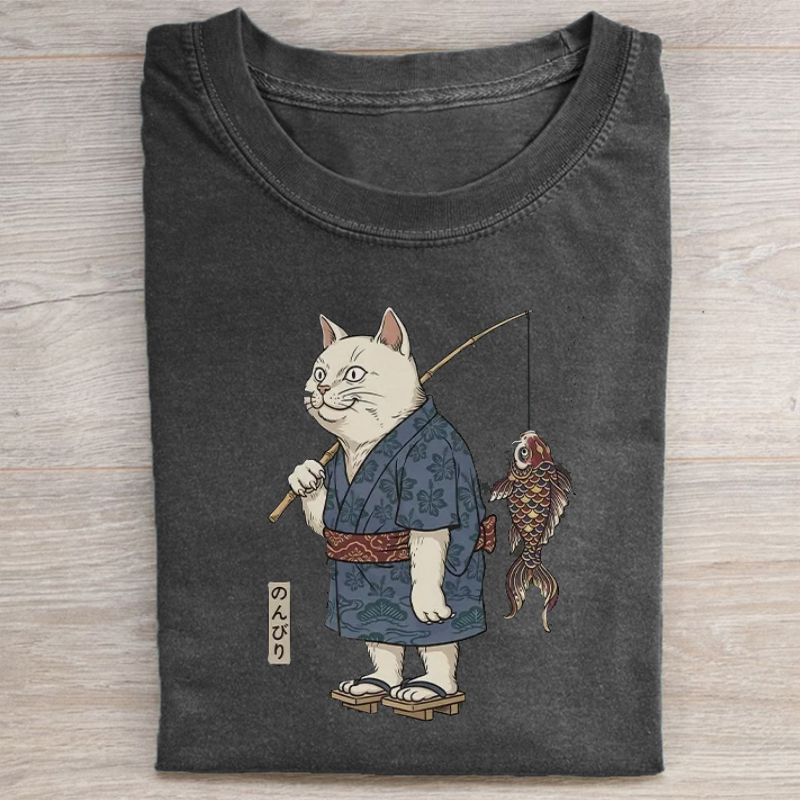 Kimono Cat Fishing Koi Fish T-shirt