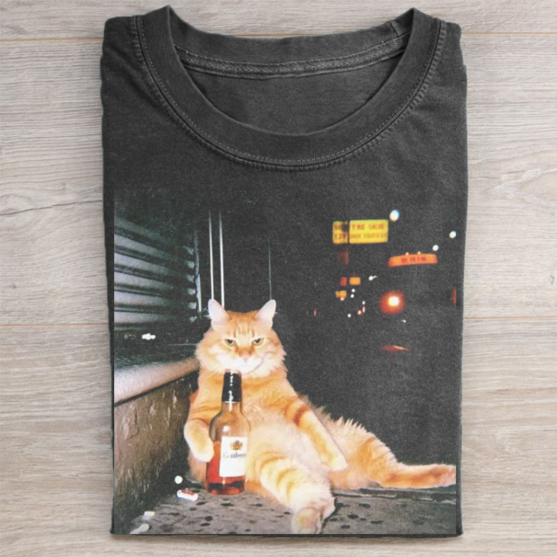 Vintage Wash Drunk Cat Meme T-Shirt