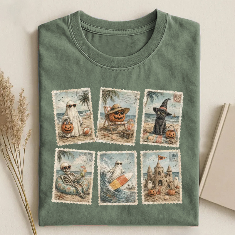 Vintage Halloween Beach Postage Stamp T-shirt