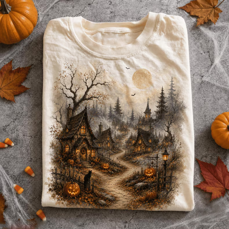 Cozy Haunted Village Halloween T-shirt
