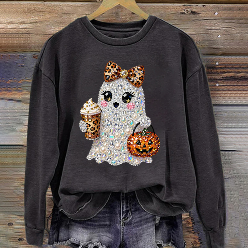 Faux Rhinestone Glam Ghost Halloween Sweatshirt