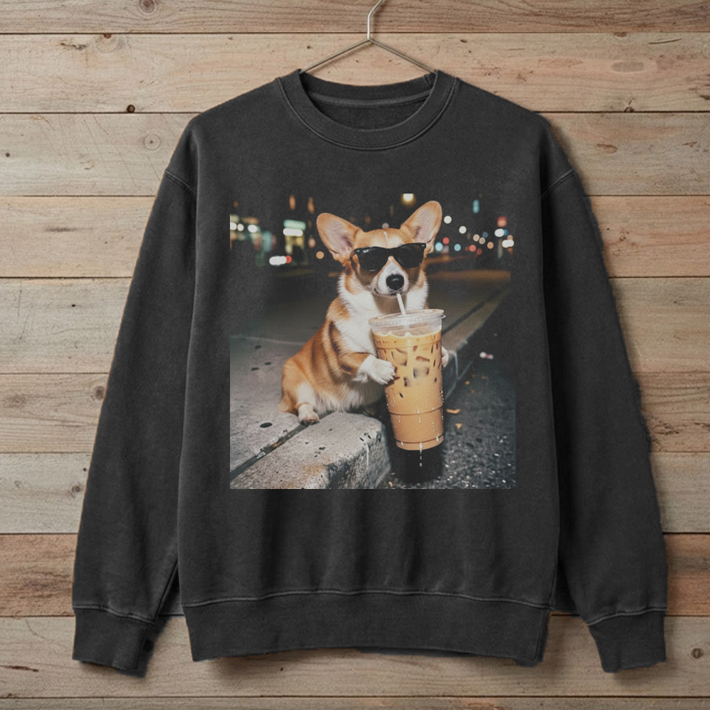 Funny Corgi Drinking Iced Coffee Sweatshirt