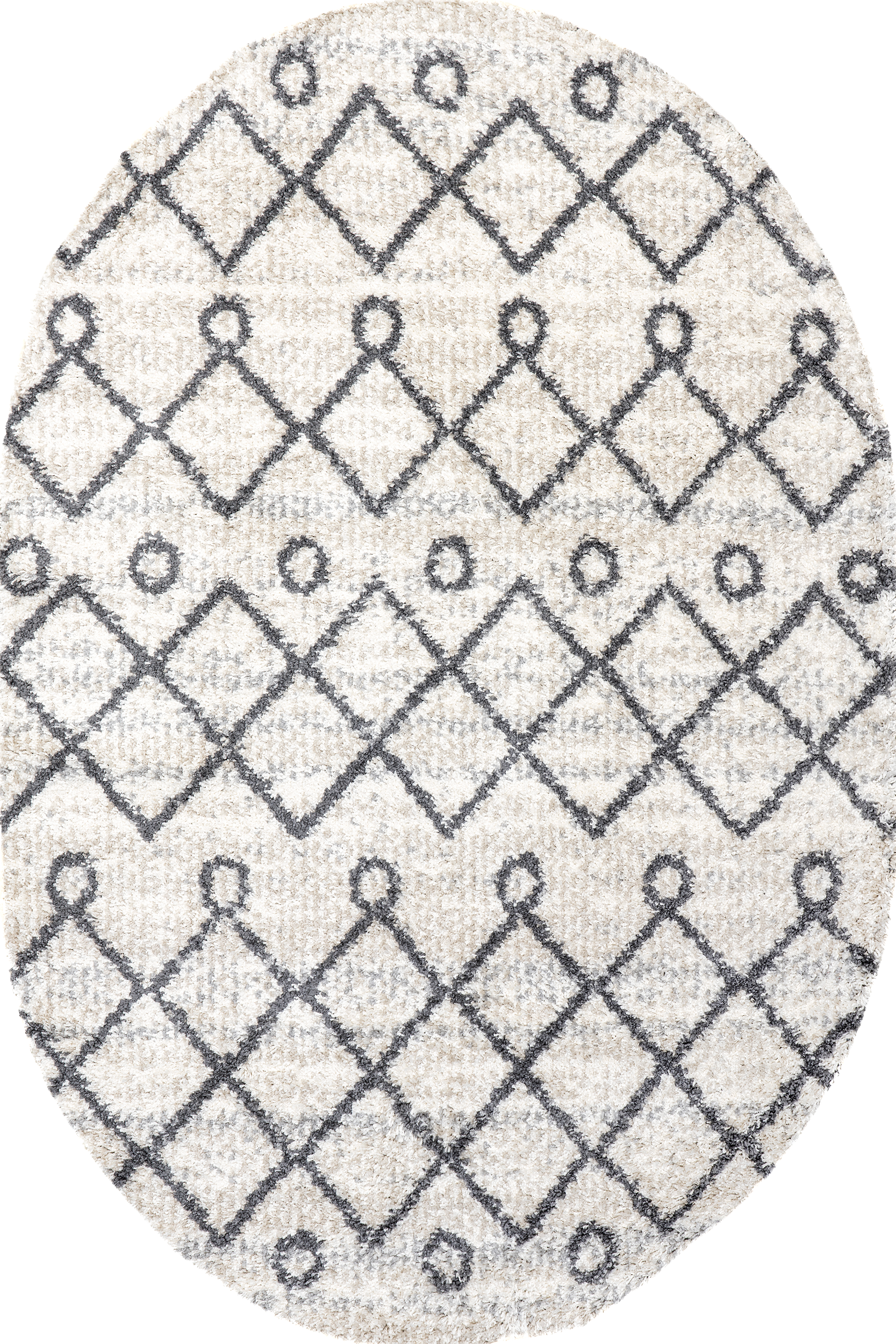 Isolated view of Ivory Oval Diamond Moroccan Shag With Tassels Rug, showcasing its design