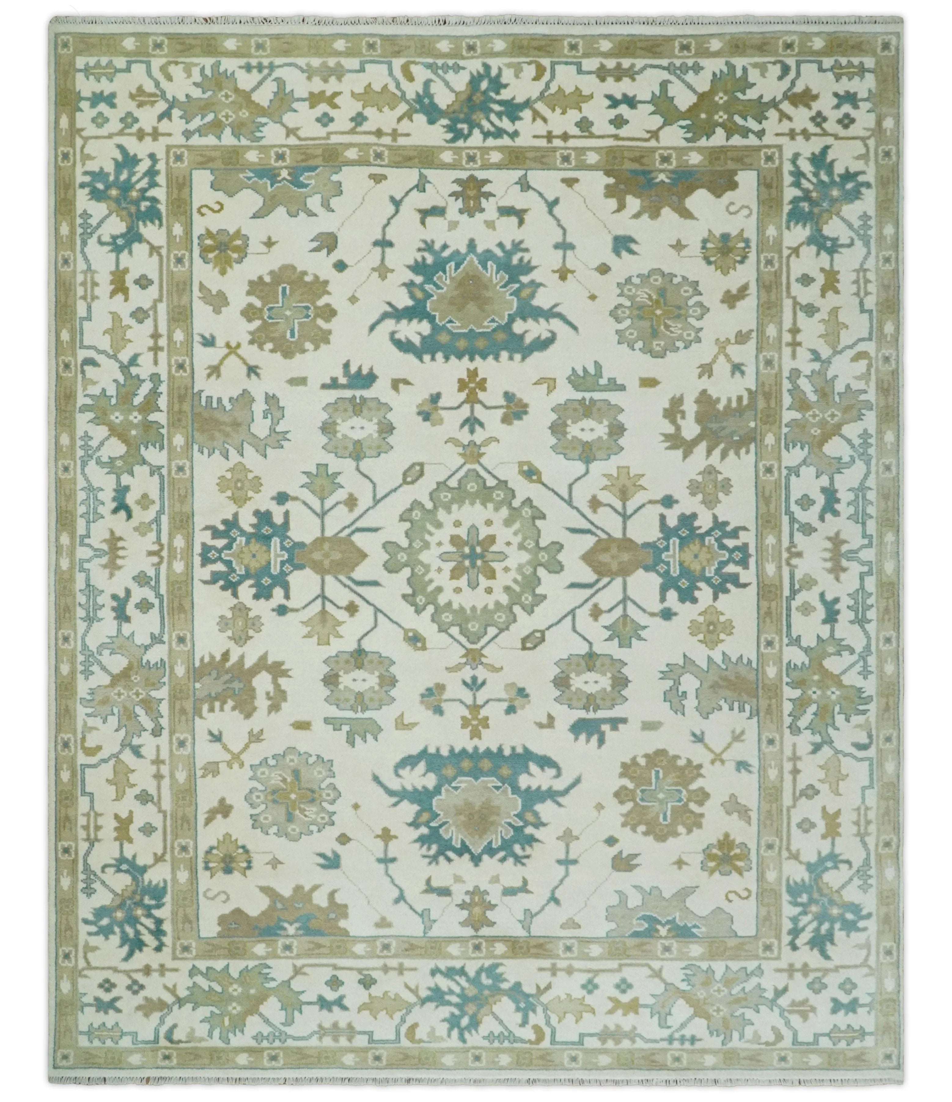 Hand Knotted Ivory, Beige and Teal Antique look Traditional Oushak Multi Size Wool Area Rug - The Mayfair Hall