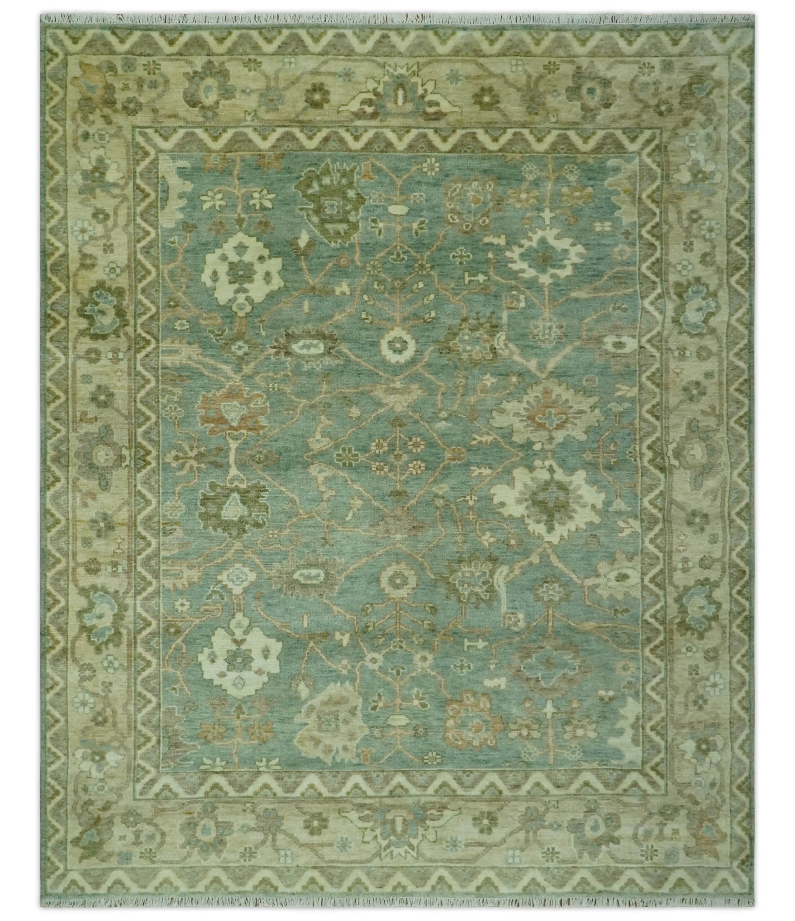 Antique design Green and Beige Traditional Oriental Oushak Custom Made wool area rug - The Mayfair Hall