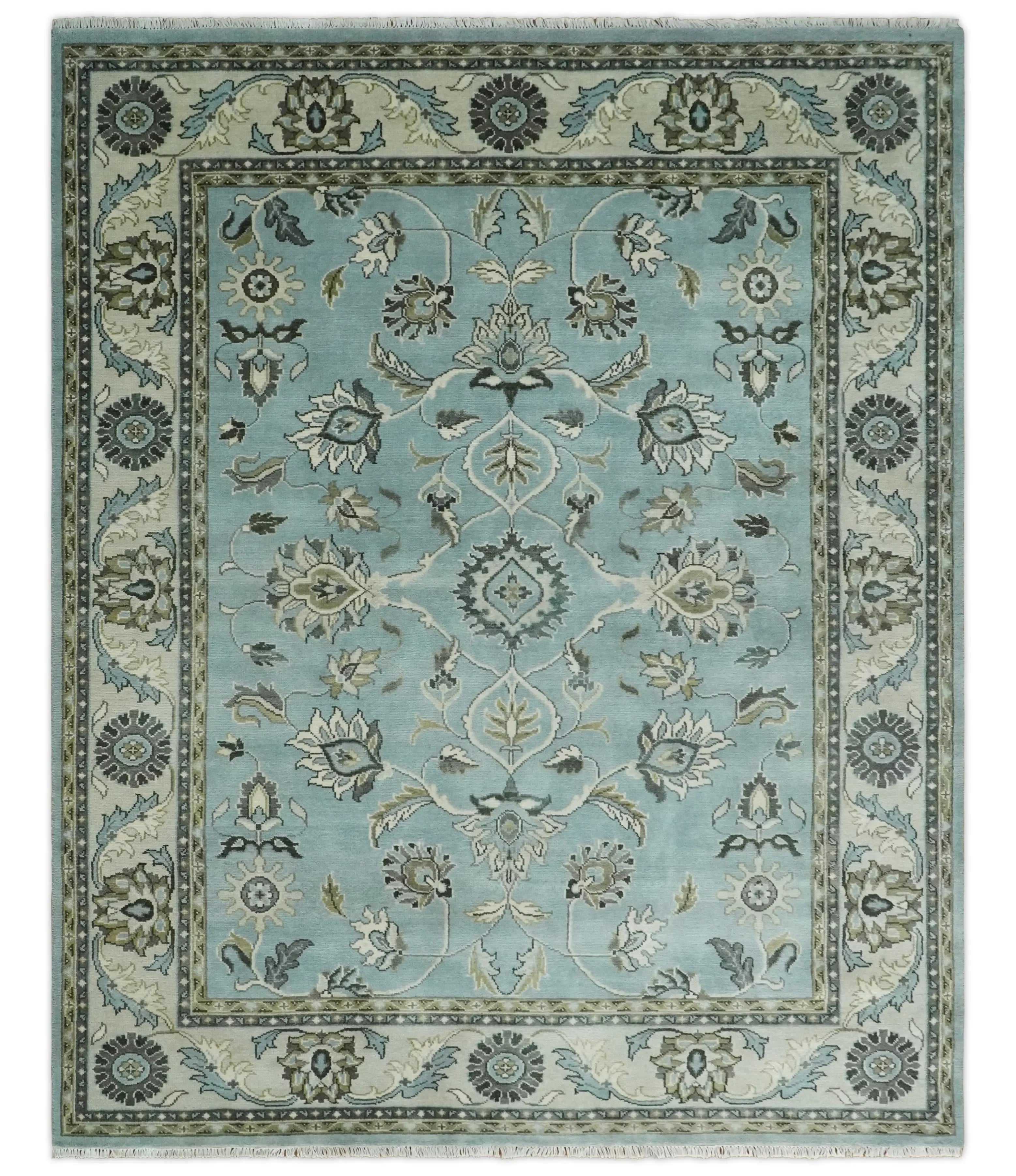 8x10 and 9x12 Antique Hand Knotted Blue and Ivory Traditional Vintage Persian Oushak Wool Rug | TRDCP998912 - The Mayfair Hall