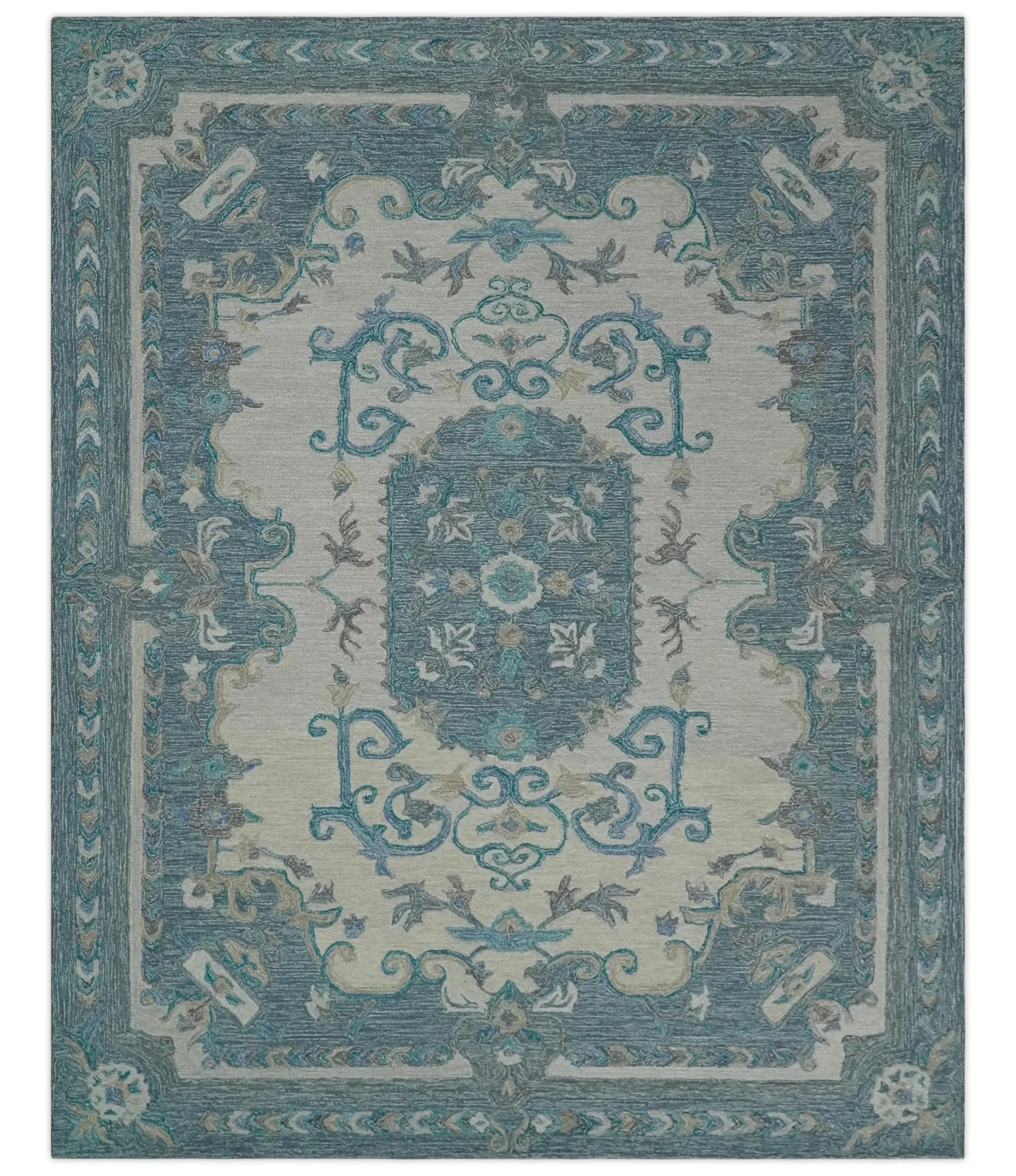 French Design Aubusson Custom Made Ivory and Blue Hand Tufted Wool Area Rug - The Mayfair Hall