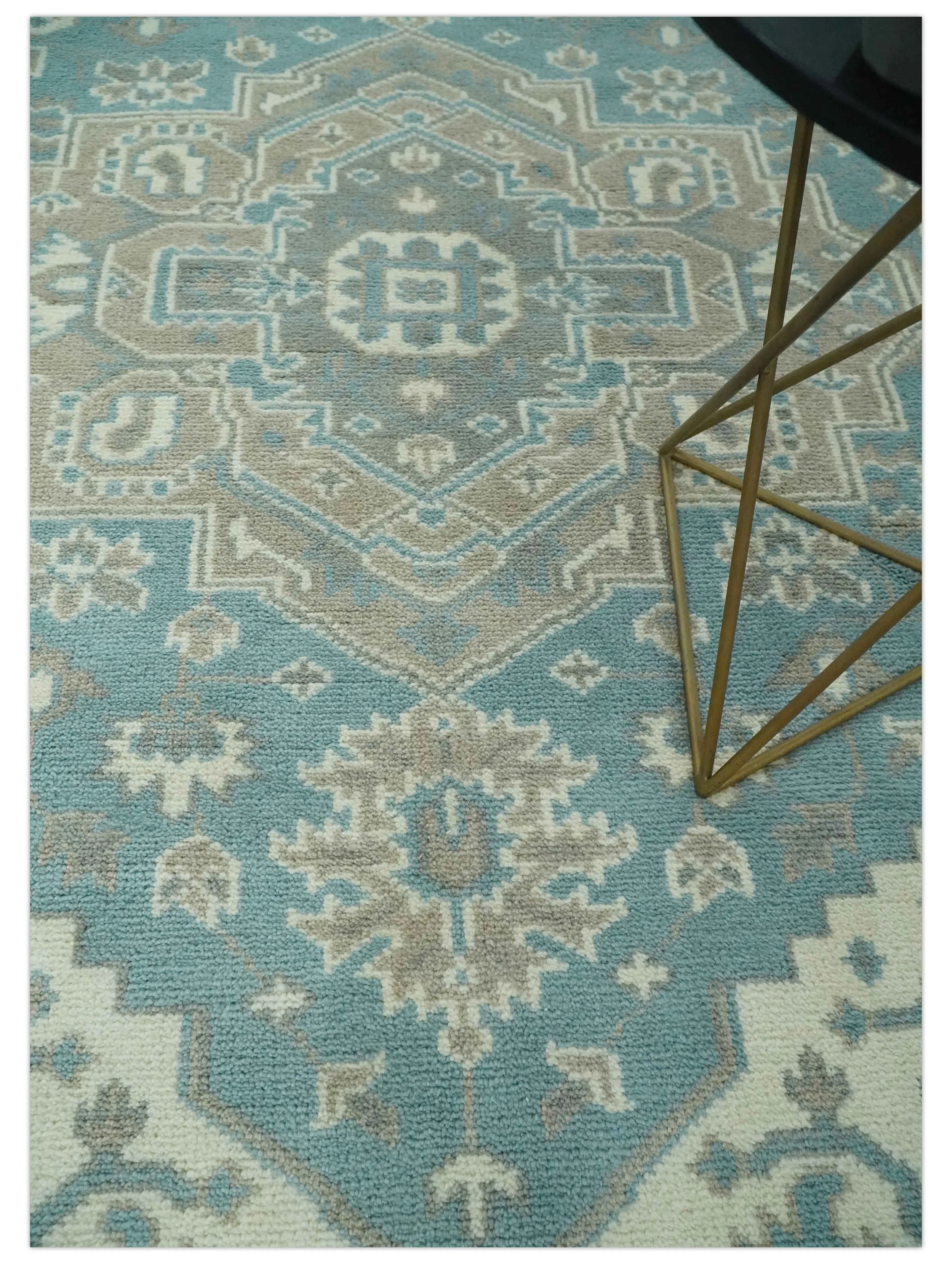 Custom Made Hand Knotted Blue, Ivory, Camel and Gray Traditional Heriz wool rug - The Mayfair Hall