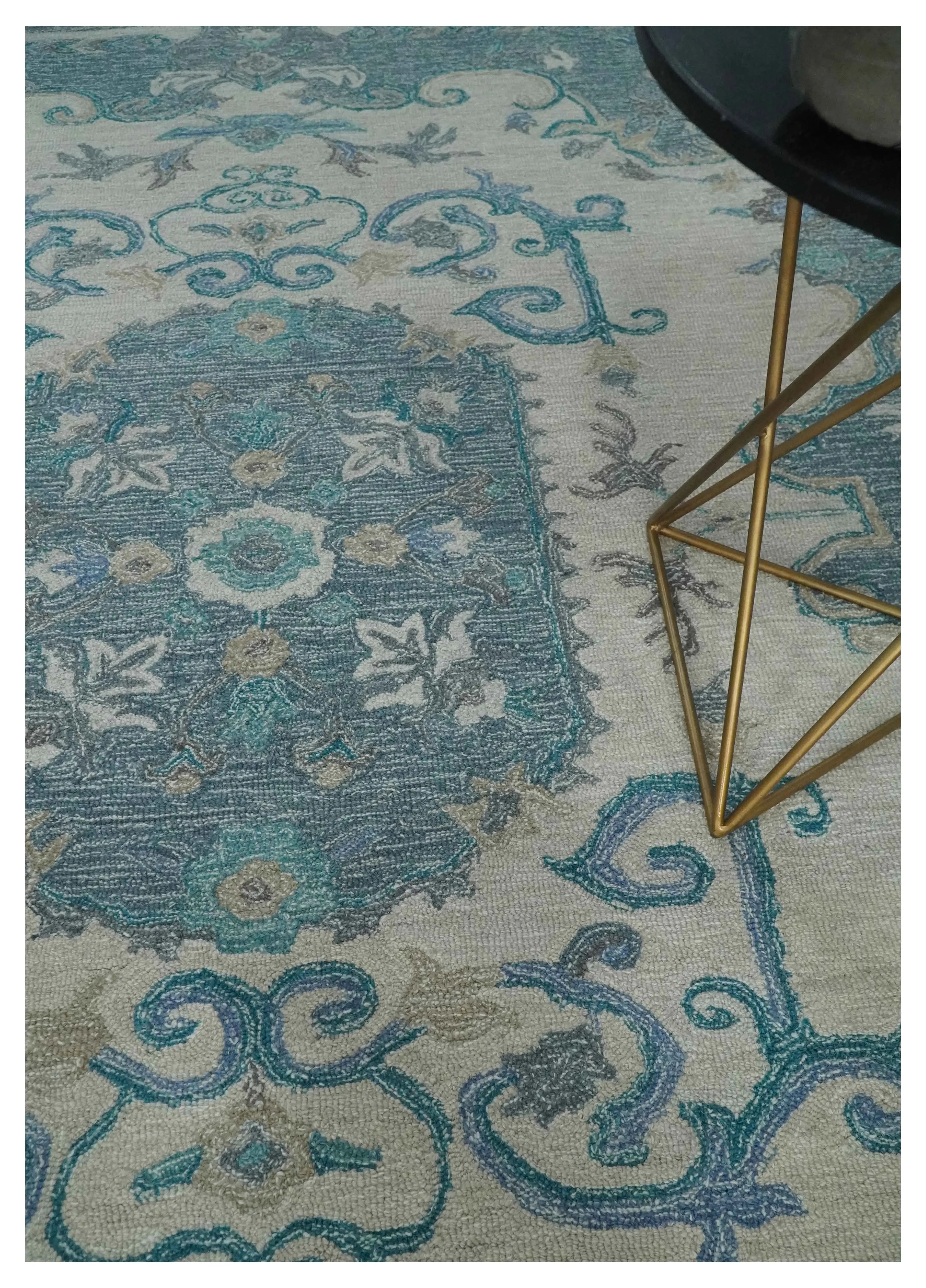 French Design Aubusson Custom Made Ivory and Blue Hand Tufted Wool Area Rug - The Mayfair Hall