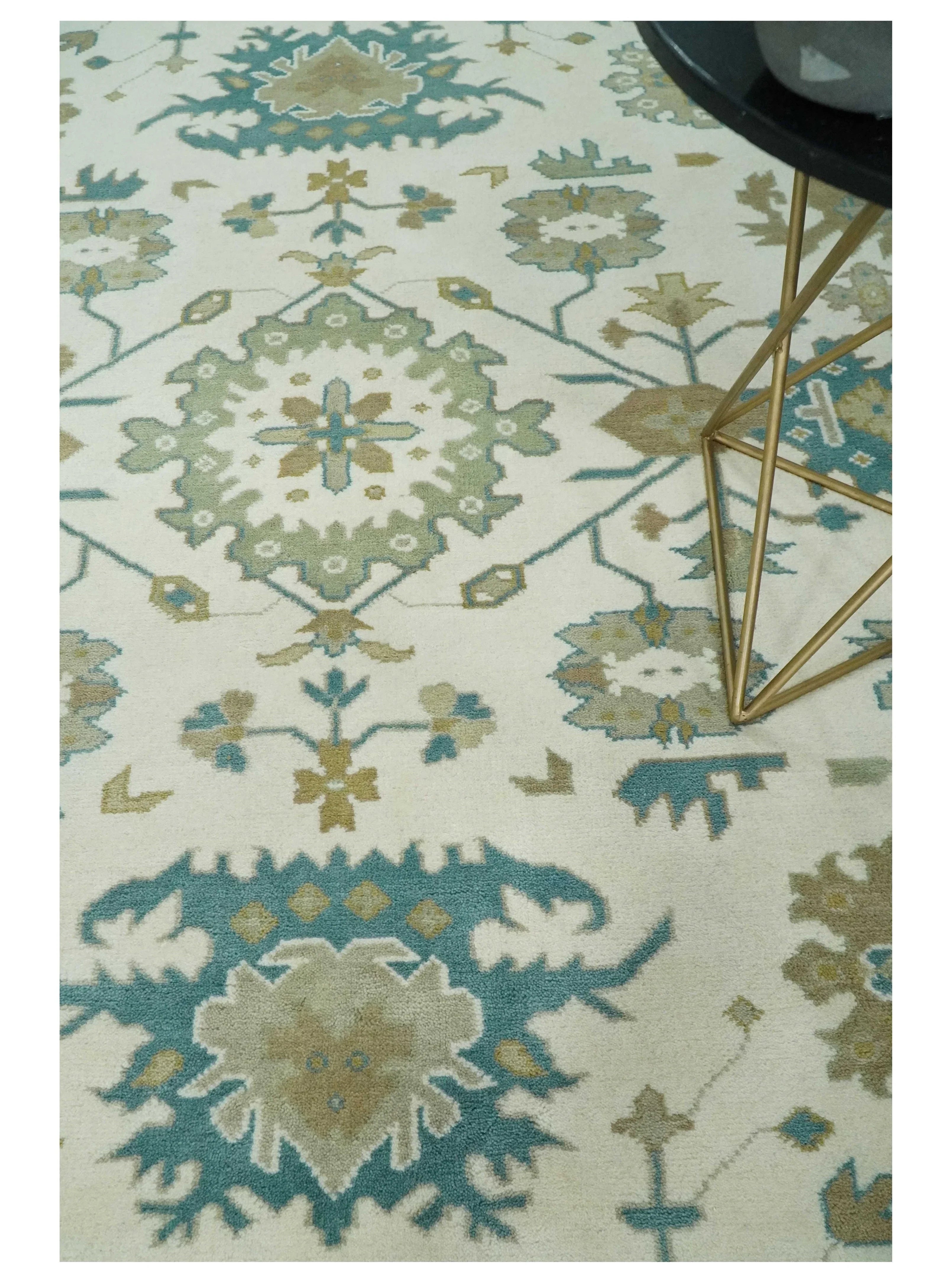 Hand Knotted Ivory, Beige and Teal Antique look Traditional Oushak Multi Size Wool Area Rug - The Mayfair Hall
