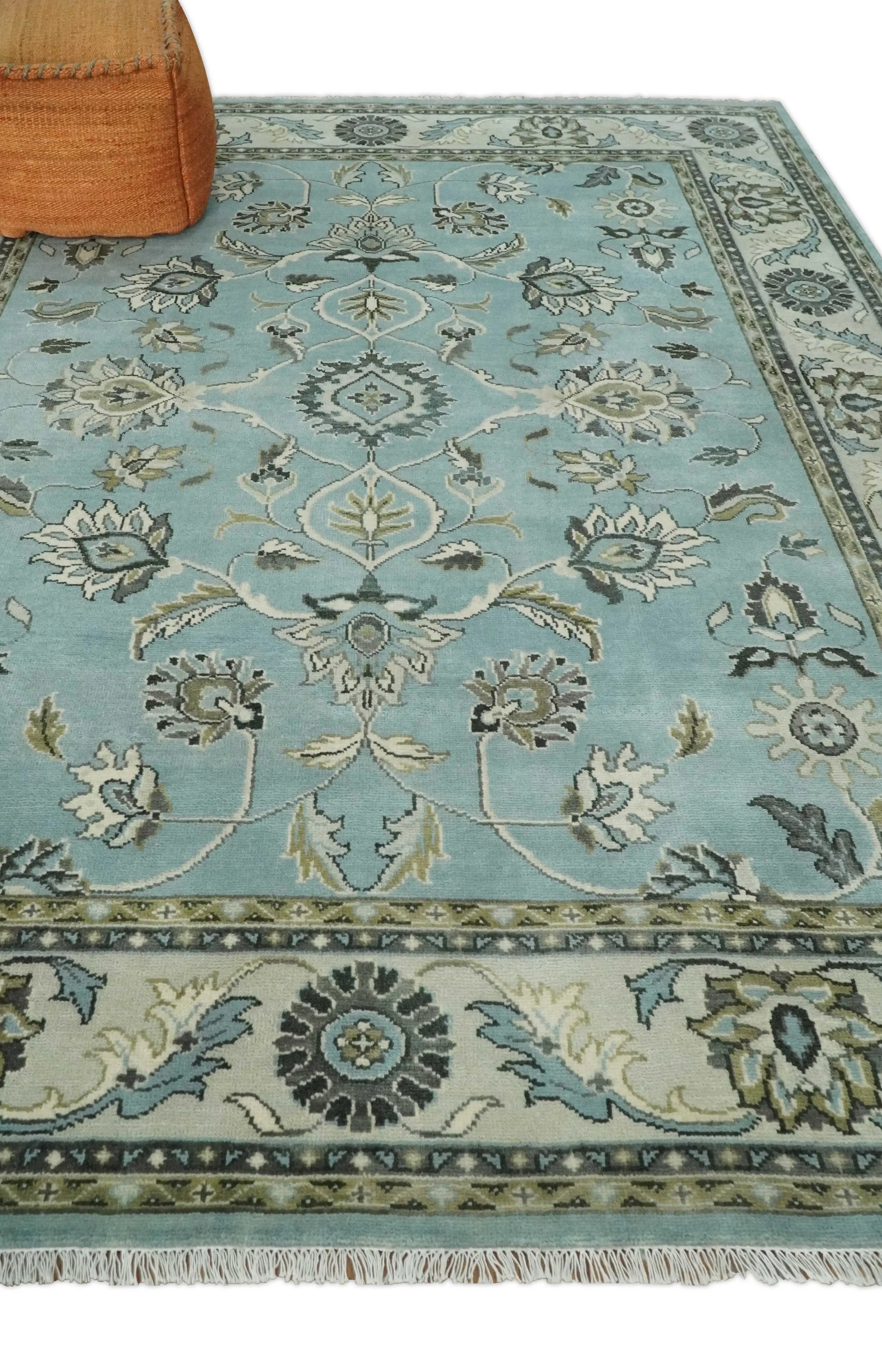 8x10 and 9x12 Antique Hand Knotted Blue and Ivory Traditional Vintage Persian Oushak Wool Rug | TRDCP998912 - The Mayfair Hall