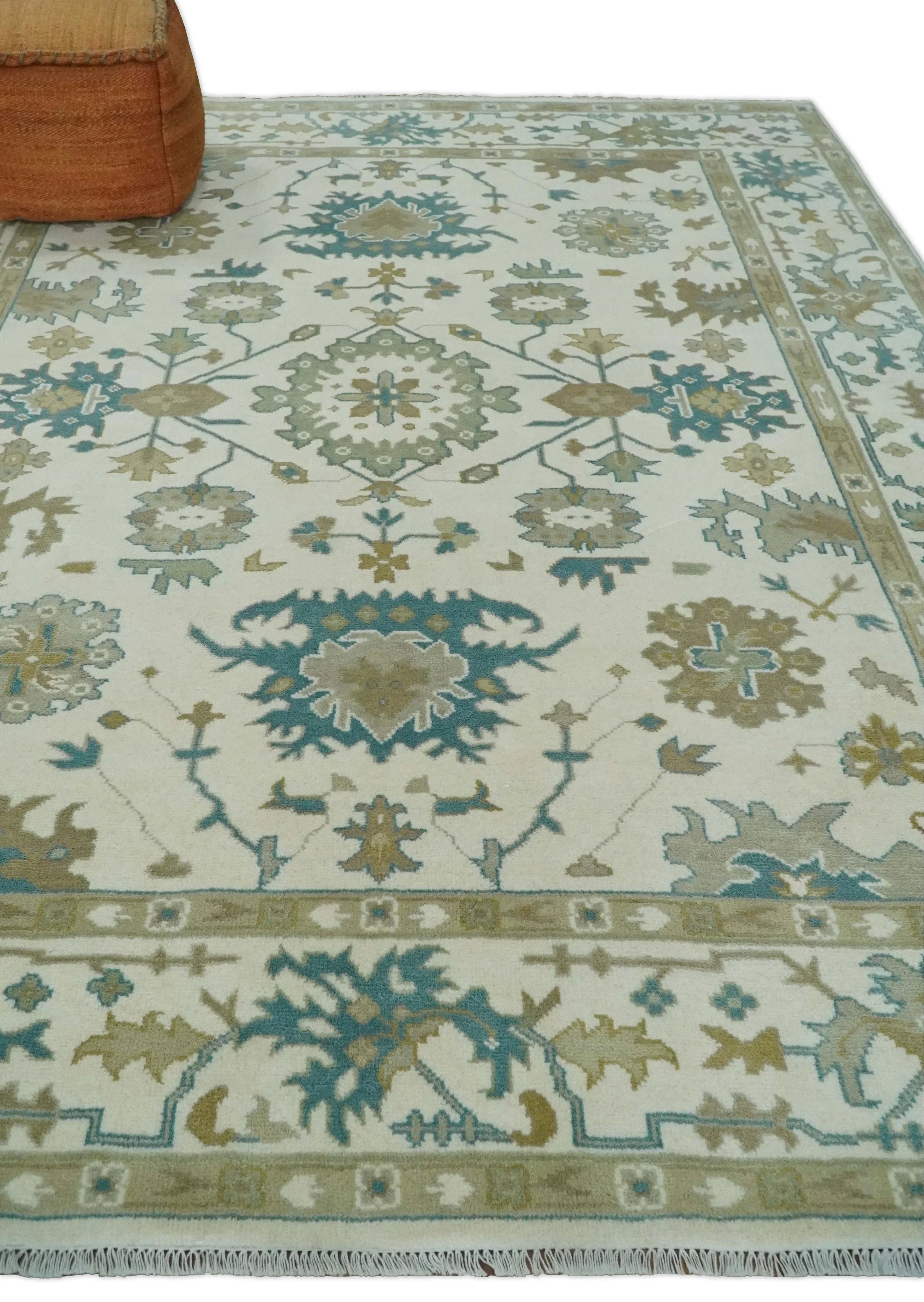 Hand Knotted Ivory, Beige and Teal Antique look Traditional Oushak Multi Size Wool Area Rug - The Mayfair Hall