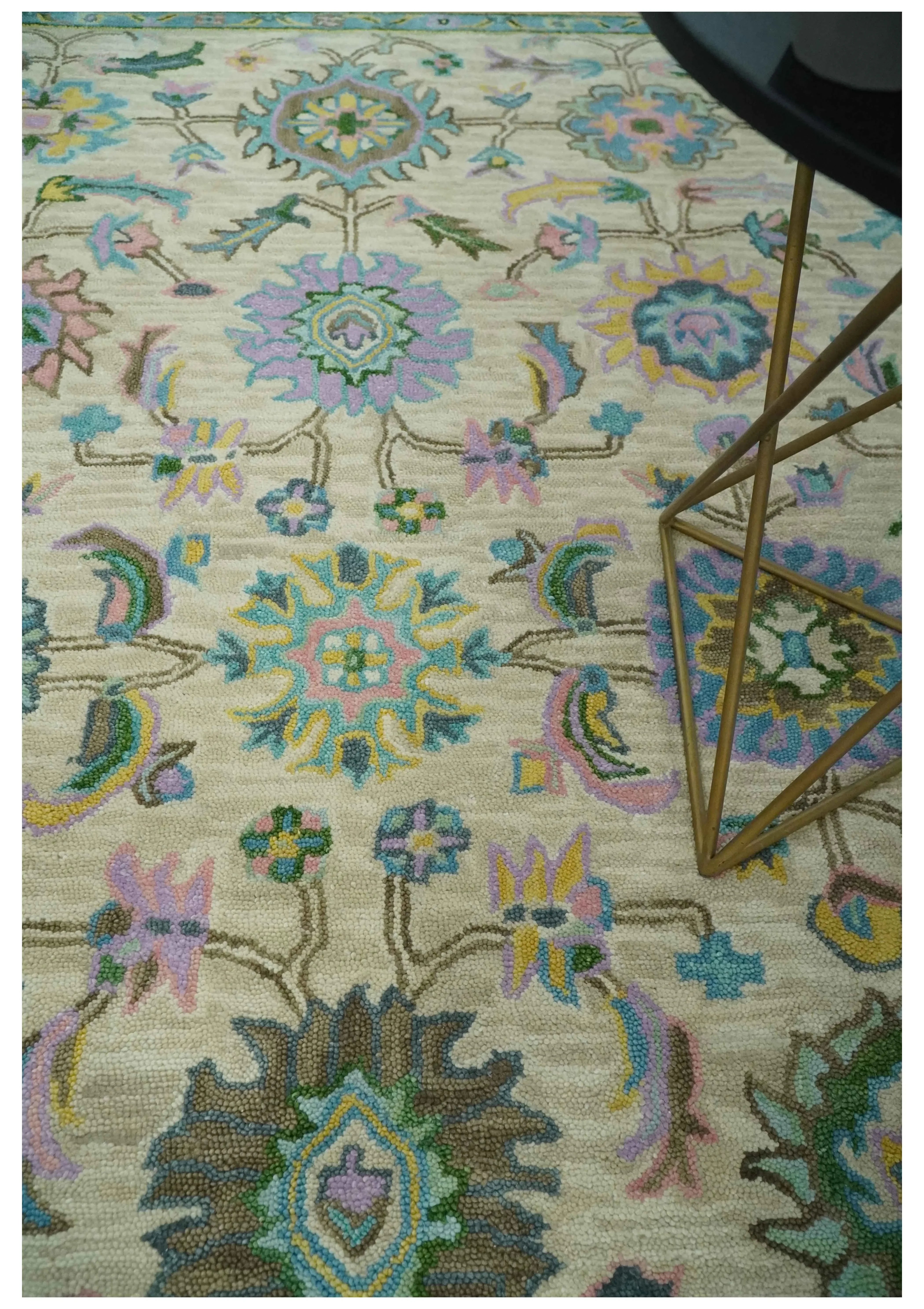 Custom Made Beige, Blue and Purple Traditional Floral Hand Tufted wool rug - The Mayfair Hall