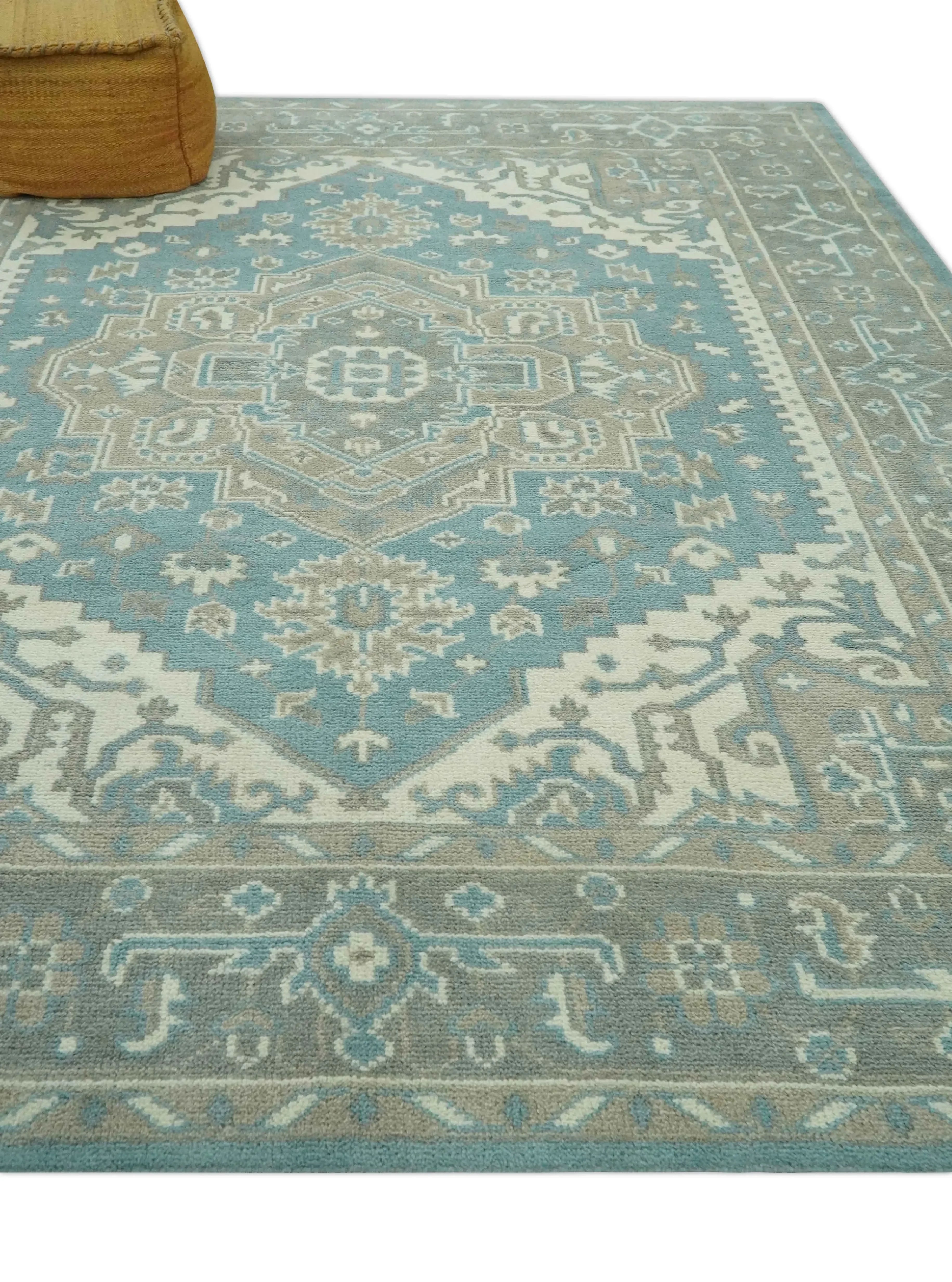 Custom Made Hand Knotted Blue, Ivory, Camel and Gray Traditional Heriz wool rug - The Mayfair Hall