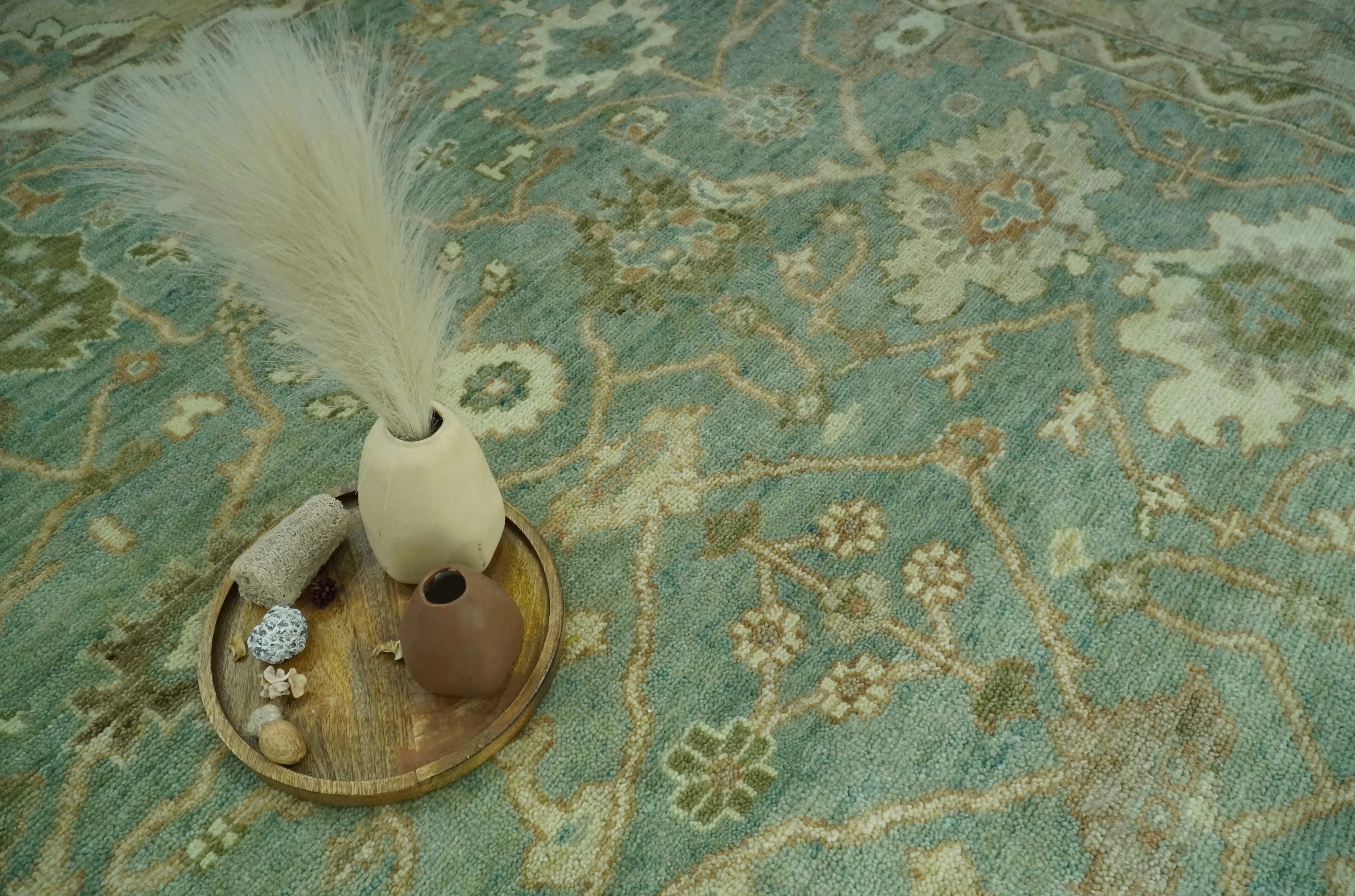 Antique design Green and Beige Traditional Oriental Oushak Custom Made wool area rug - The Mayfair Hall