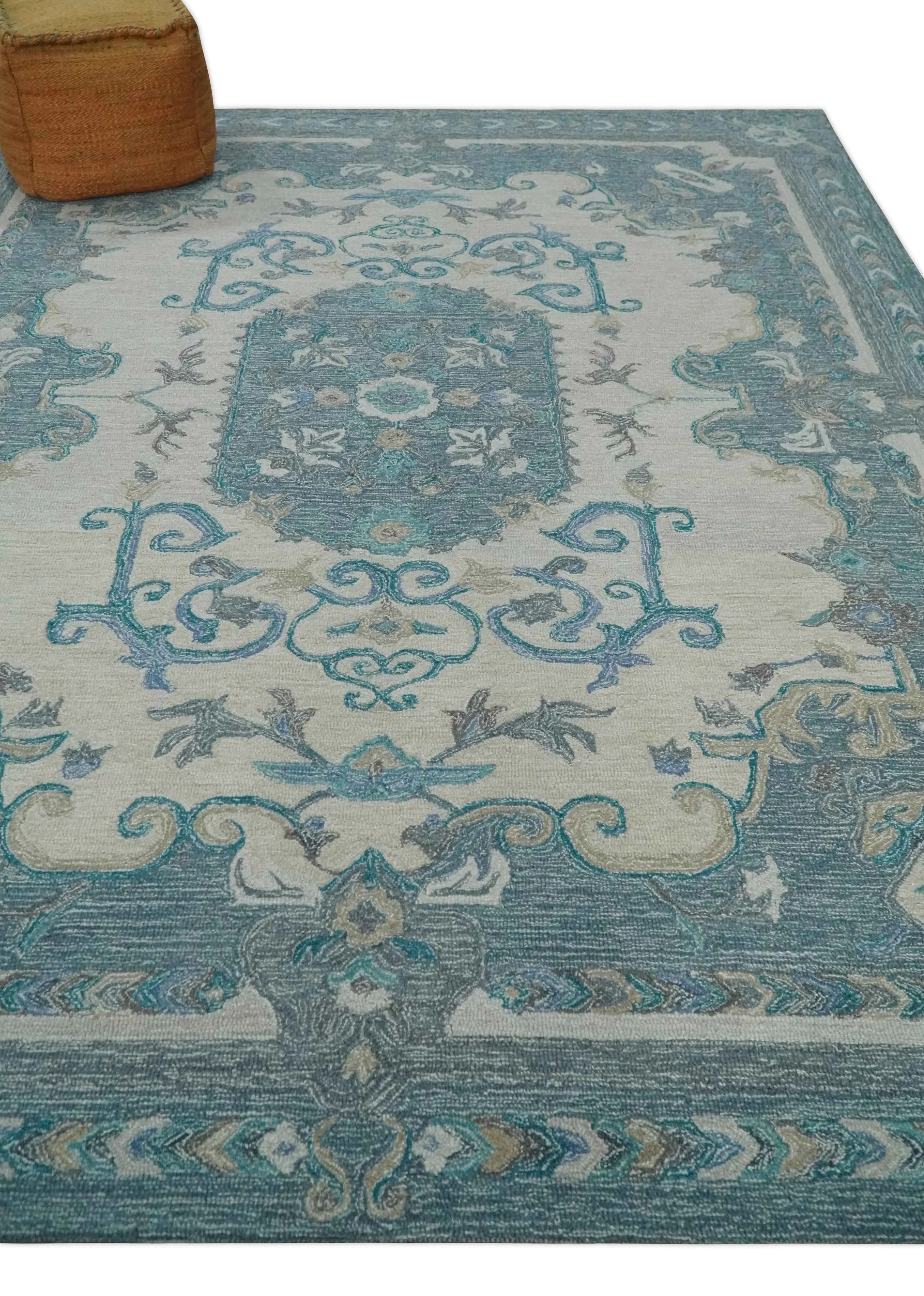 French Design Aubusson Custom Made Ivory and Blue Hand Tufted Wool Area Rug - The Mayfair Hall