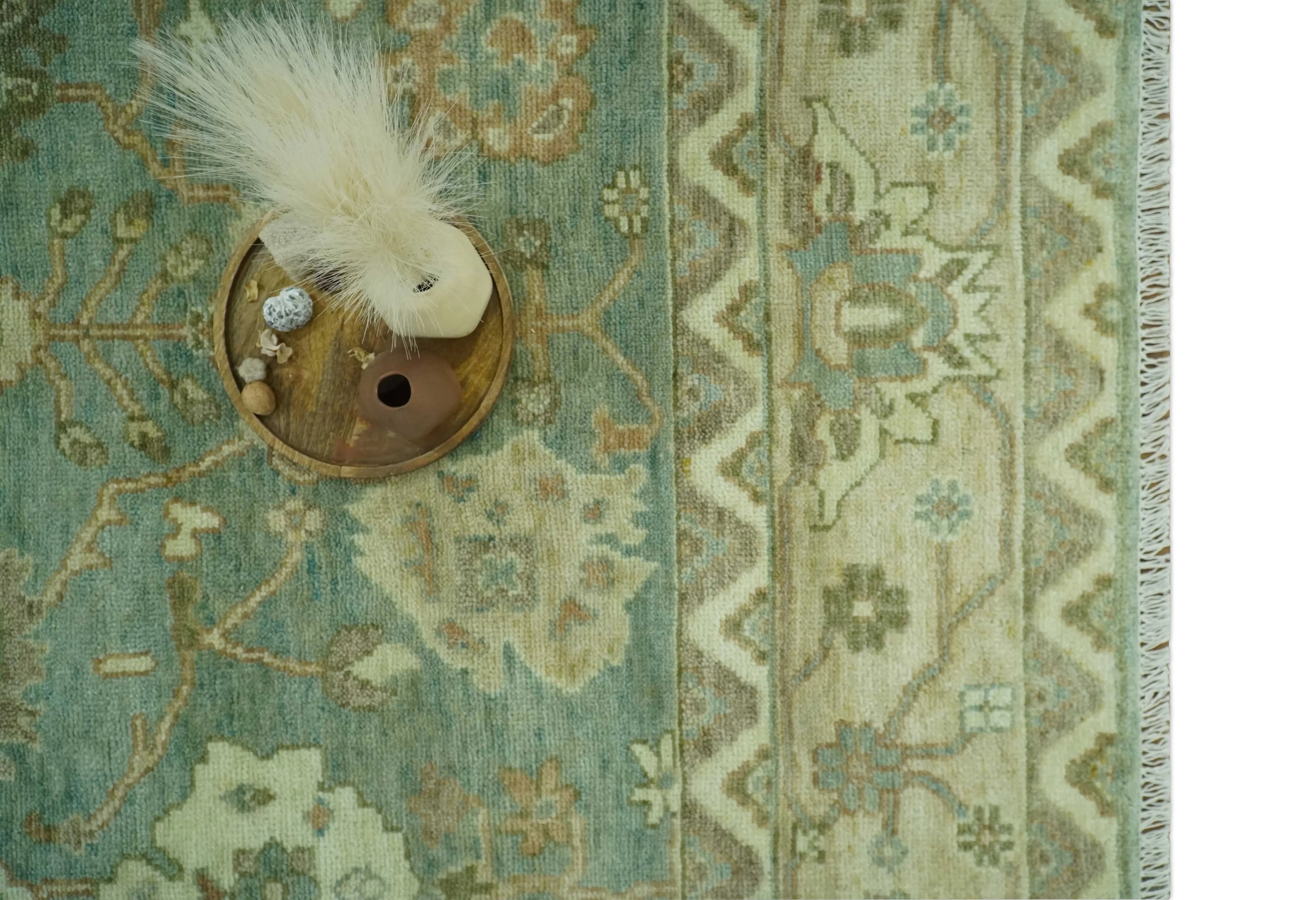 Antique design Green and Beige Traditional Oriental Oushak Custom Made wool area rug - The Mayfair Hall