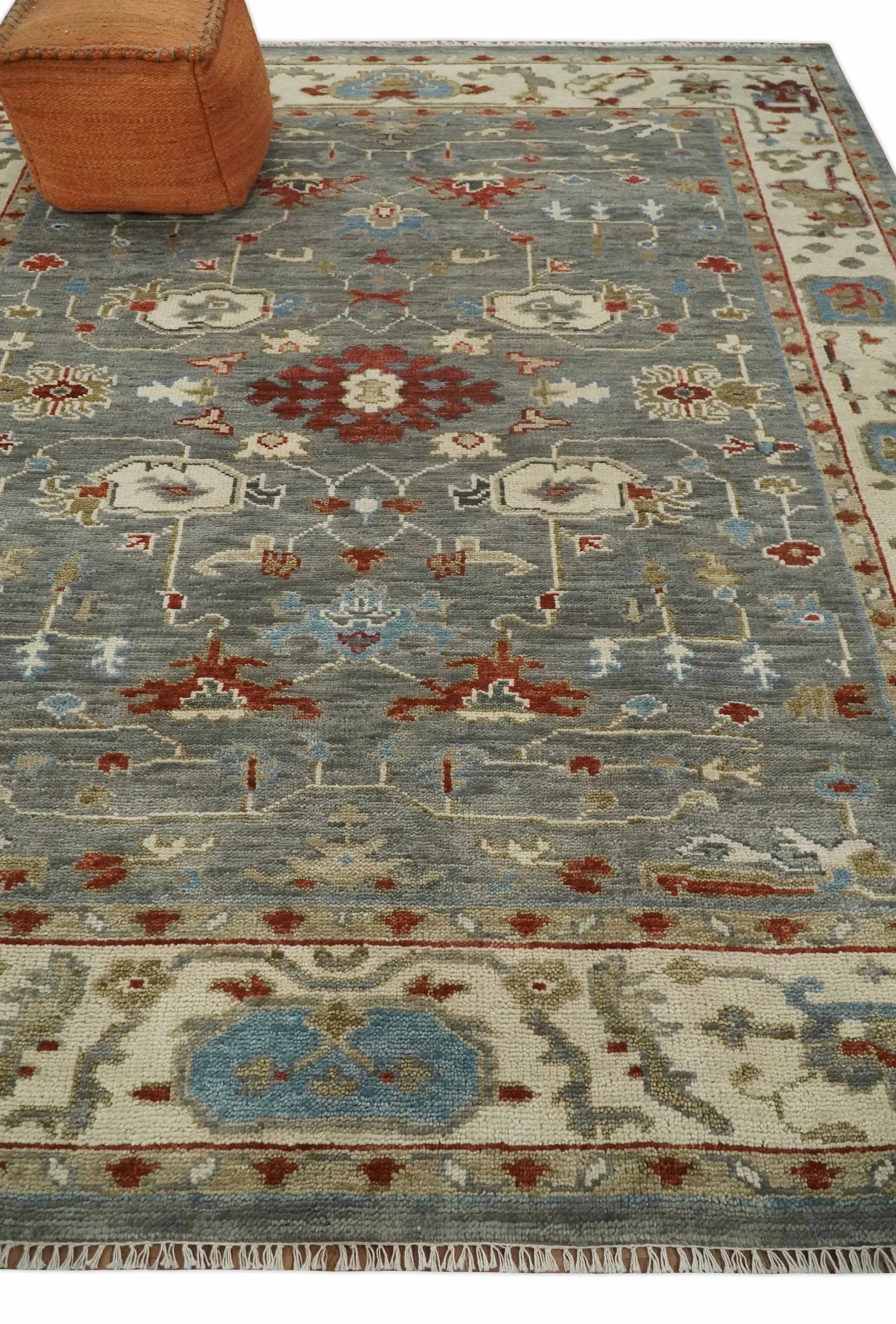 Hand Knotted Living Room Rug Charcoal, Red and Beige Traditional Vintage Style Custom Made Wool Area Rug - The Mayfair Hall