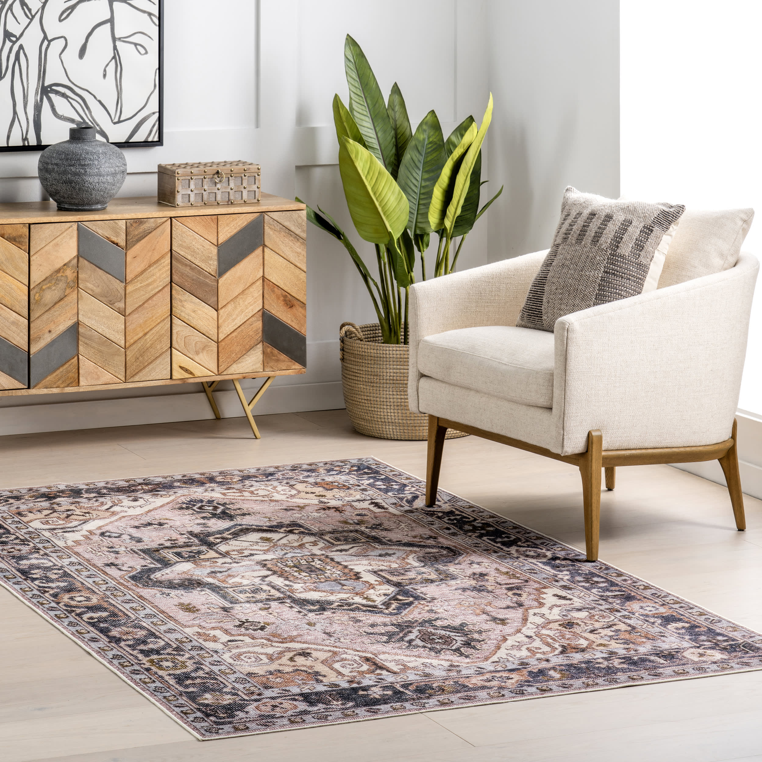 Jewel Medallion Spill Proof Washable Rug | Light Pink