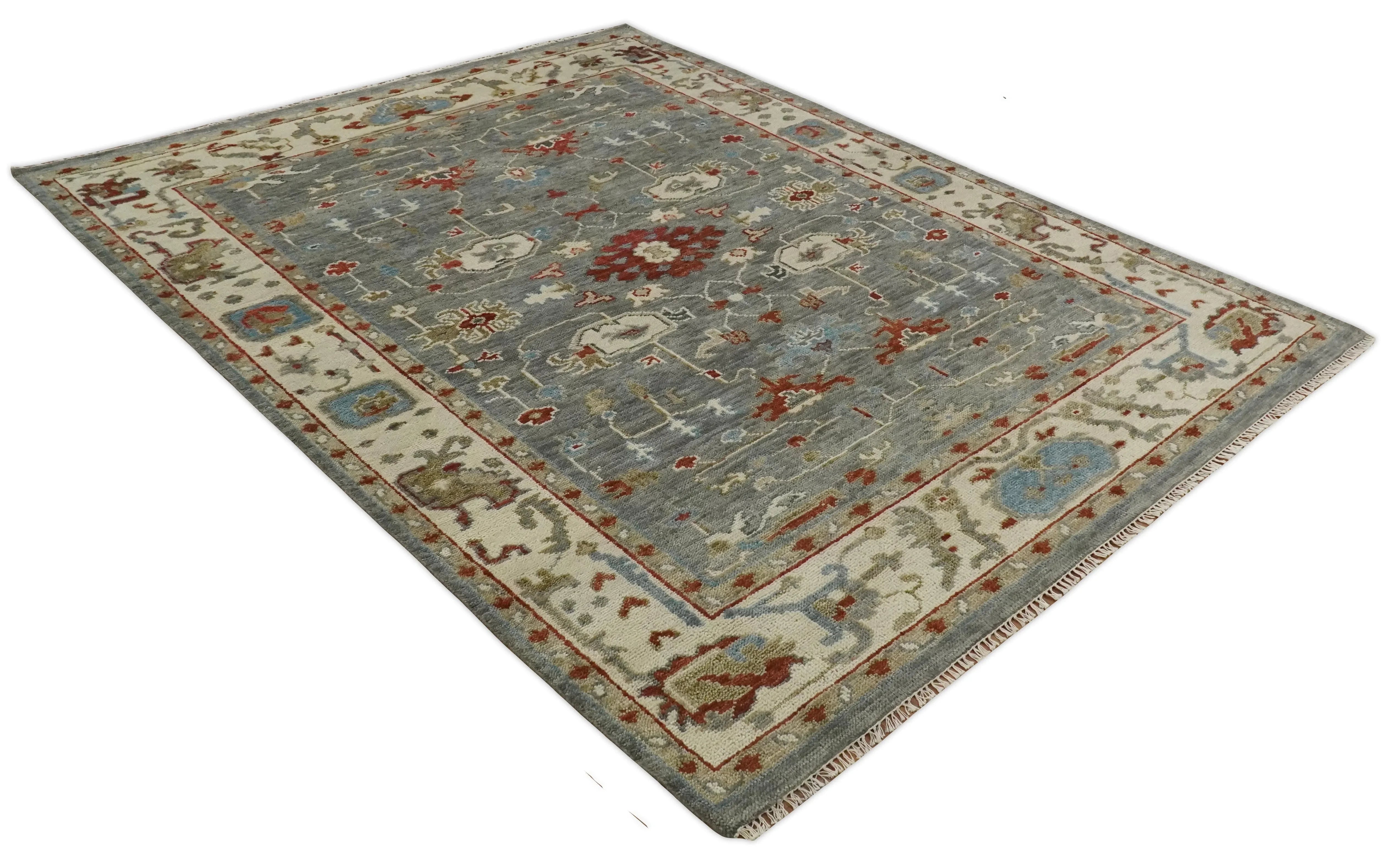 Hand Knotted Living Room Rug Charcoal, Red and Beige Traditional Vintage Style Custom Made Wool Area Rug - The Mayfair Hall