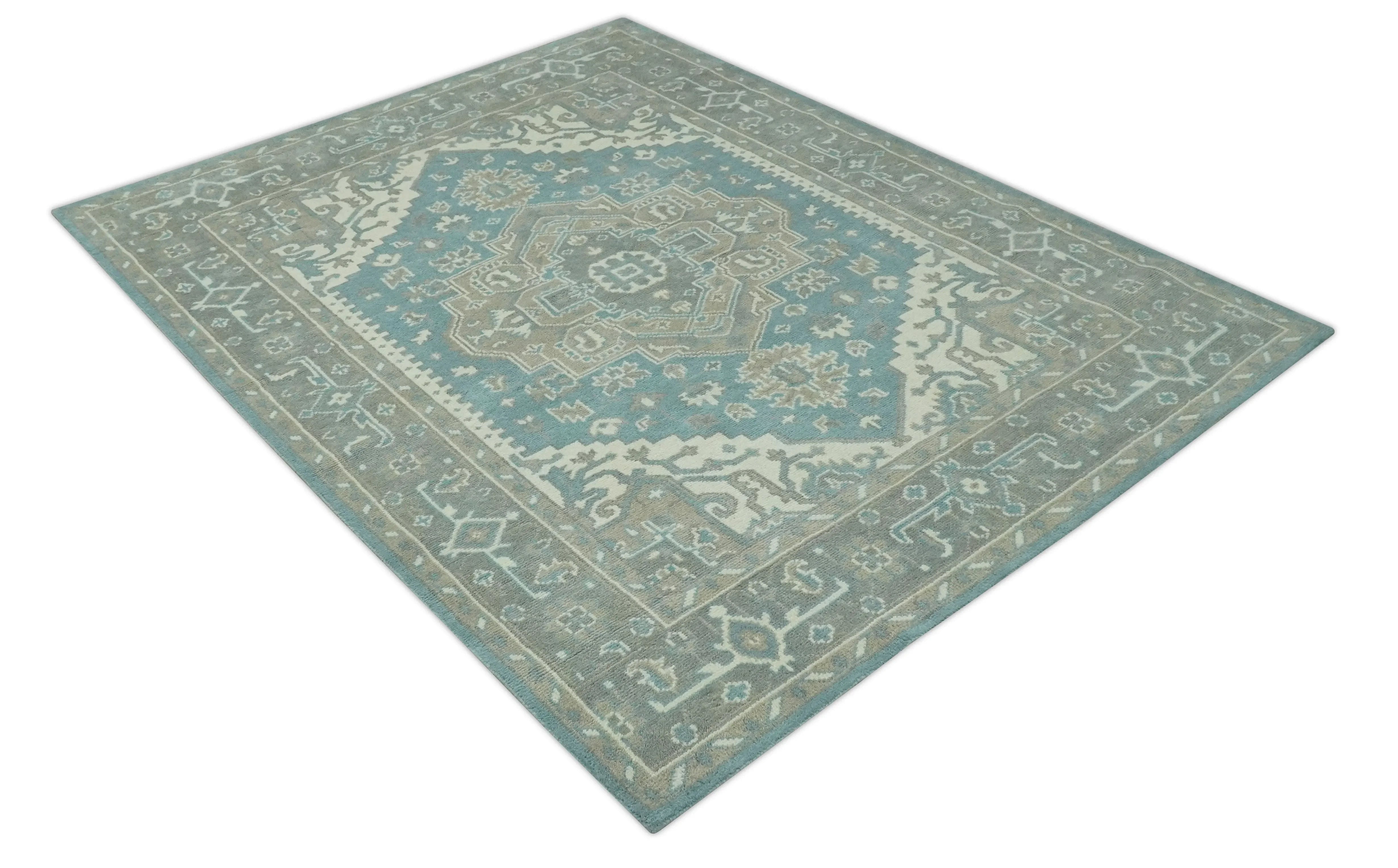 Custom Made Hand Knotted Blue, Ivory, Camel and Gray Traditional Heriz wool rug - The Mayfair Hall
