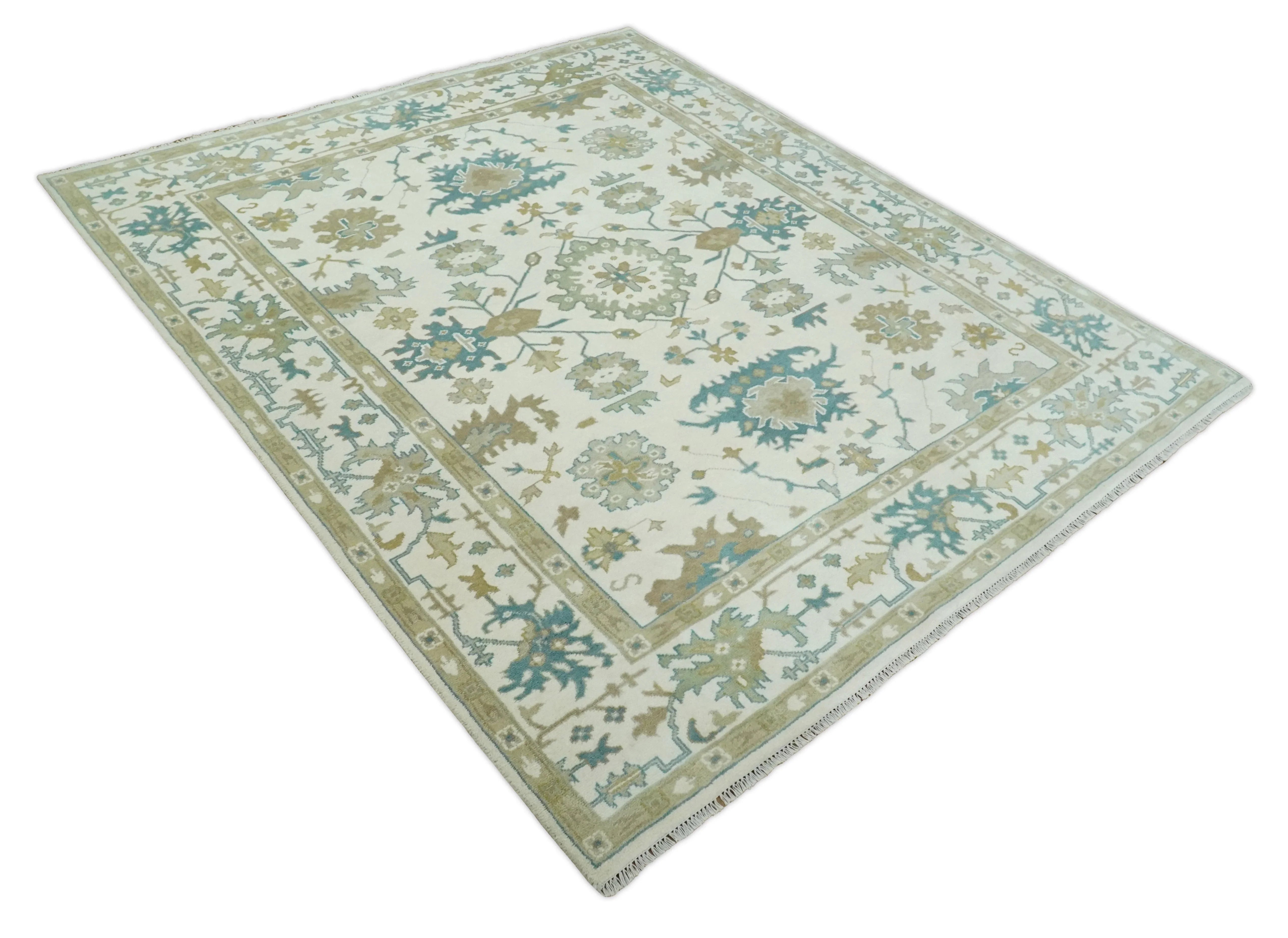 Hand Knotted Ivory, Beige and Teal Antique look Traditional Oushak Multi Size Wool Area Rug - The Mayfair Hall