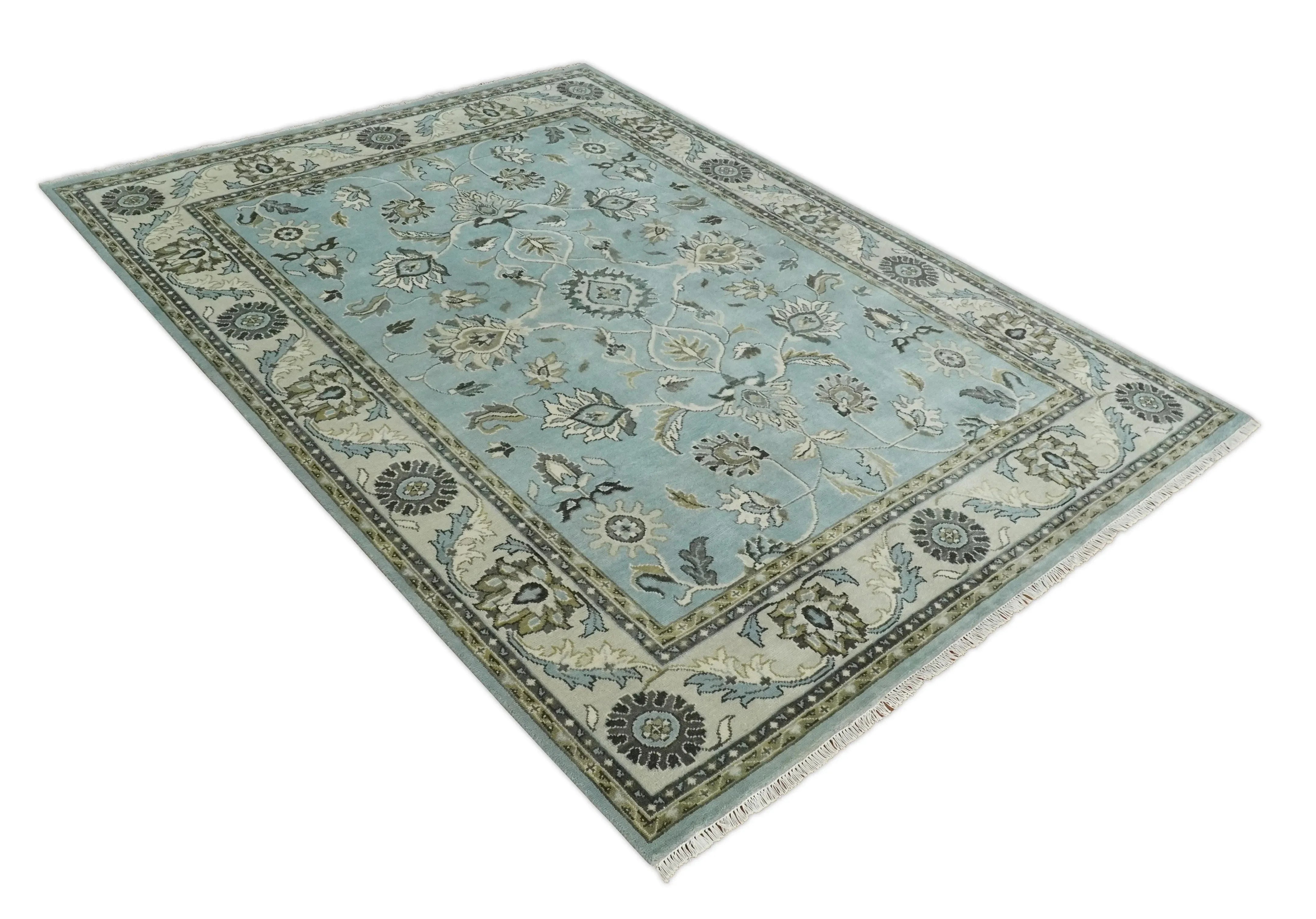 8x10 and 9x12 Antique Hand Knotted Blue and Ivory Traditional Vintage Persian Oushak Wool Rug | TRDCP998912 - The Mayfair Hall