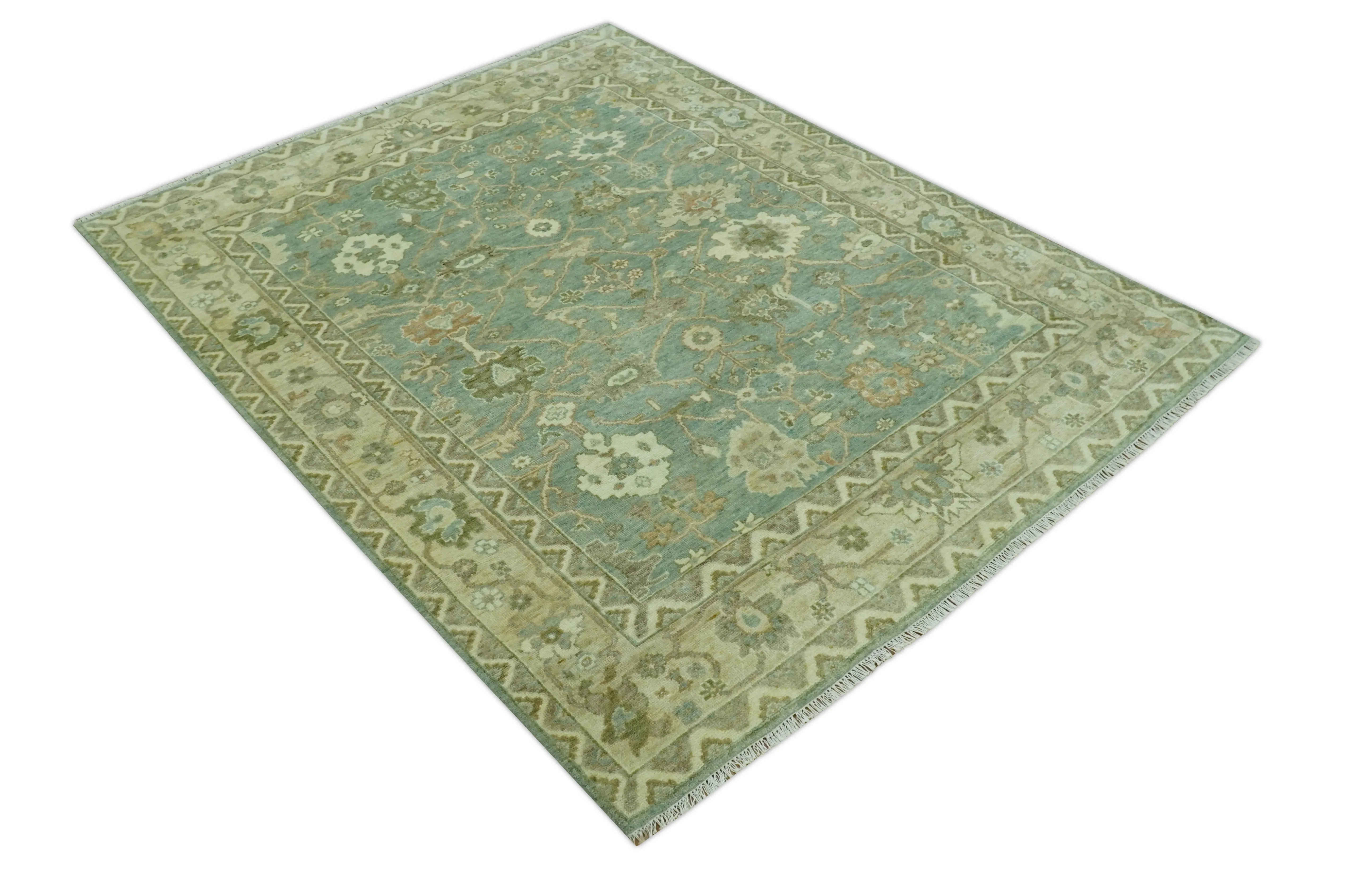 Antique design Green and Beige Traditional Oriental Oushak Custom Made wool area rug - The Mayfair Hall
