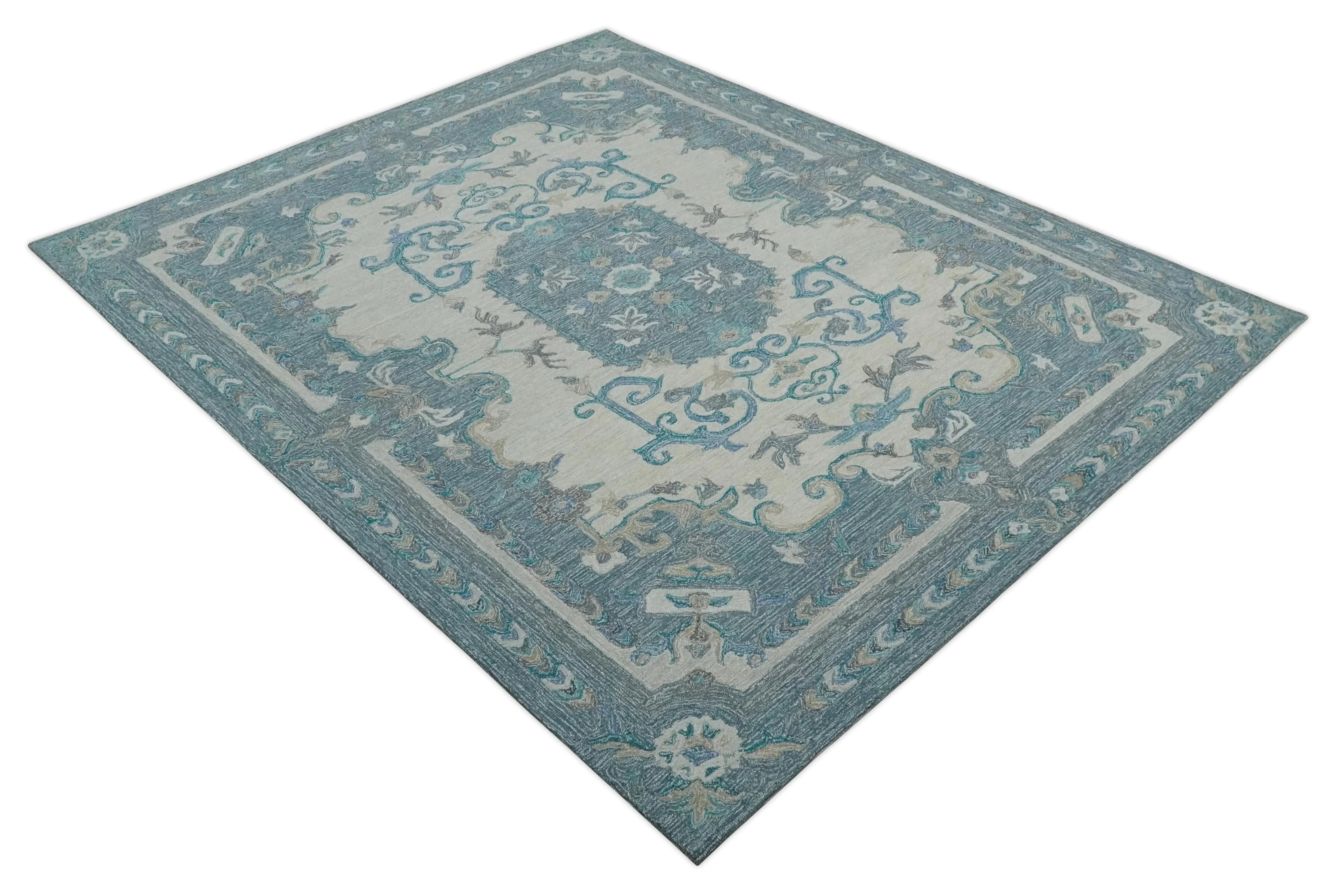 French Design Aubusson Custom Made Ivory and Blue Hand Tufted Wool Area Rug - The Mayfair Hall