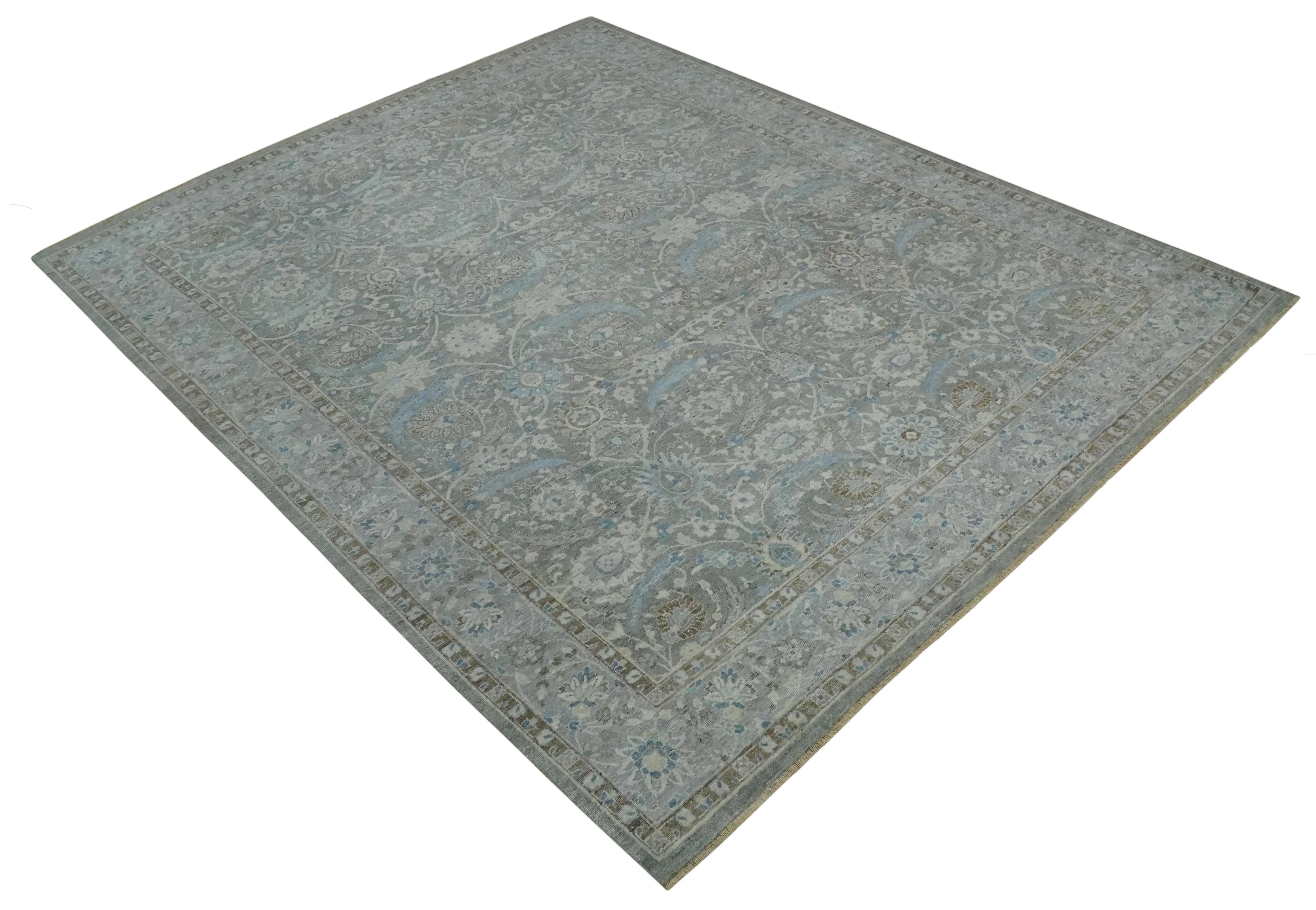 Antique Style Blue, Gray and Beige Hand knotted Classic Distressed Finished Custom Made wool Area Rug - The Mayfair Hall