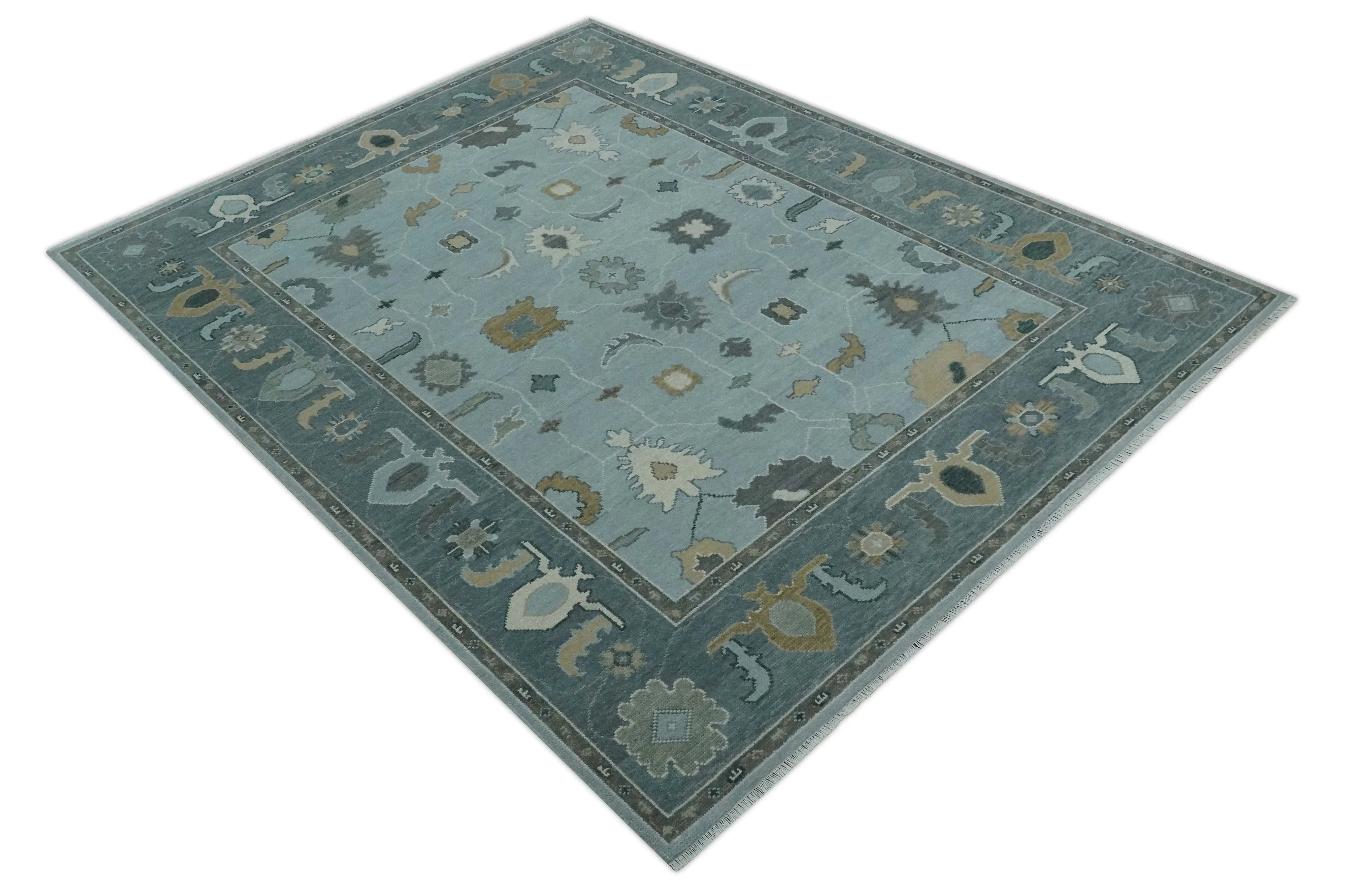 Bluish Gray and Aqua Hand knotted Oriental Oushak Custom Made wool Area Rug - The Mayfair Hall