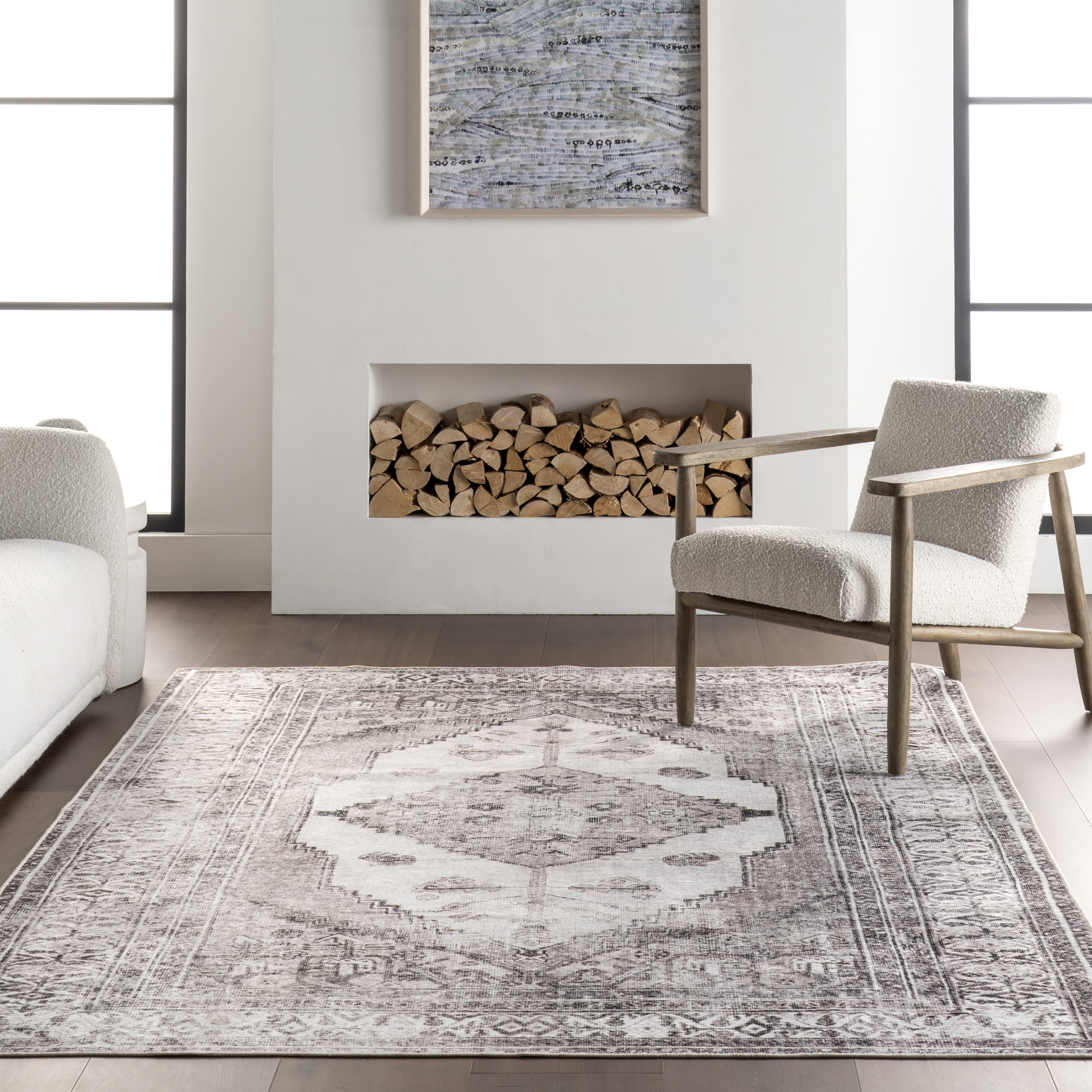 Medallion Spill Proof Washable Rug | Light Grey