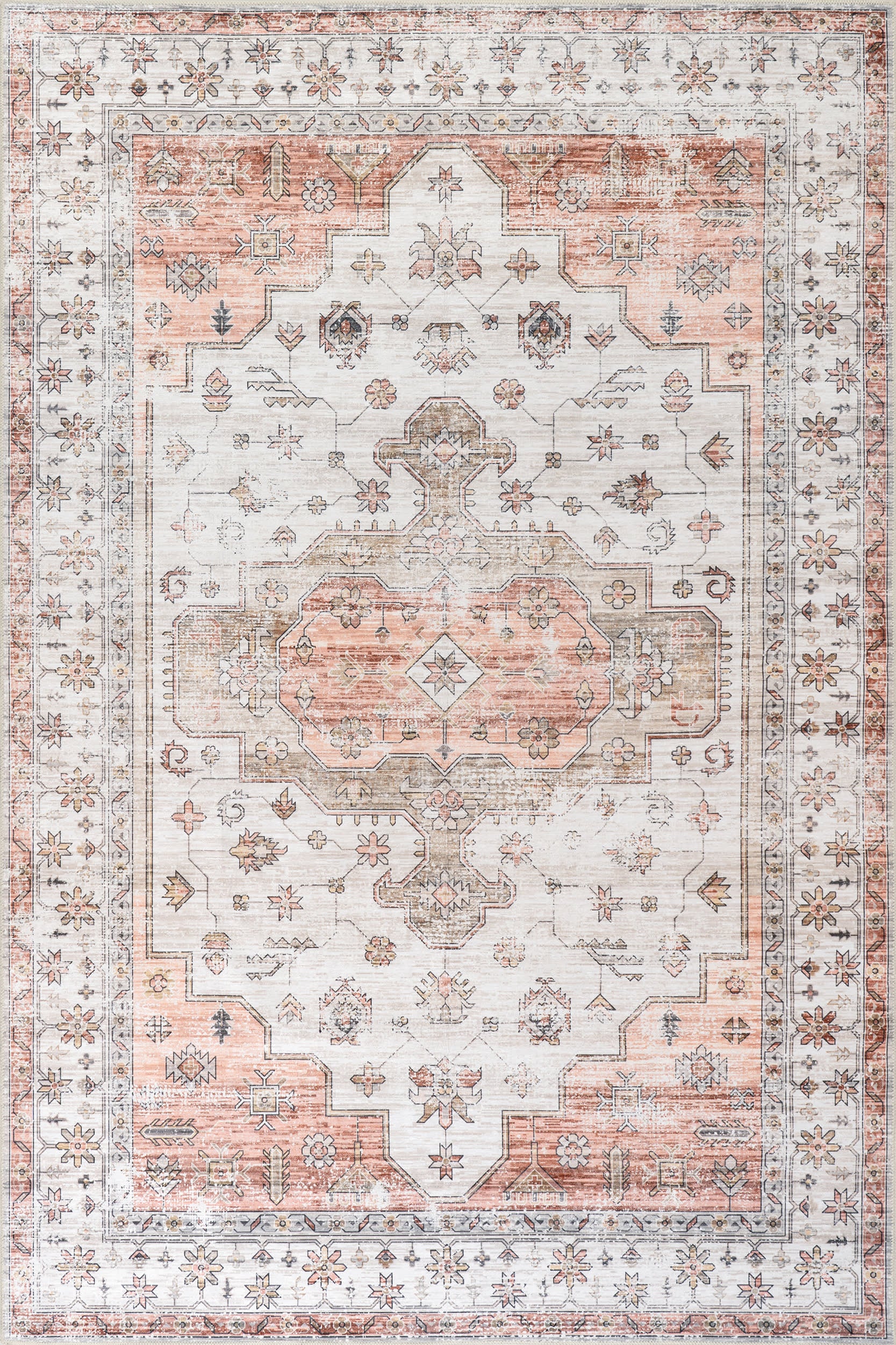 Isolated view of Beige Round Francis Cartouche Medallion Spill Proof Washable Rug, showcasing its design