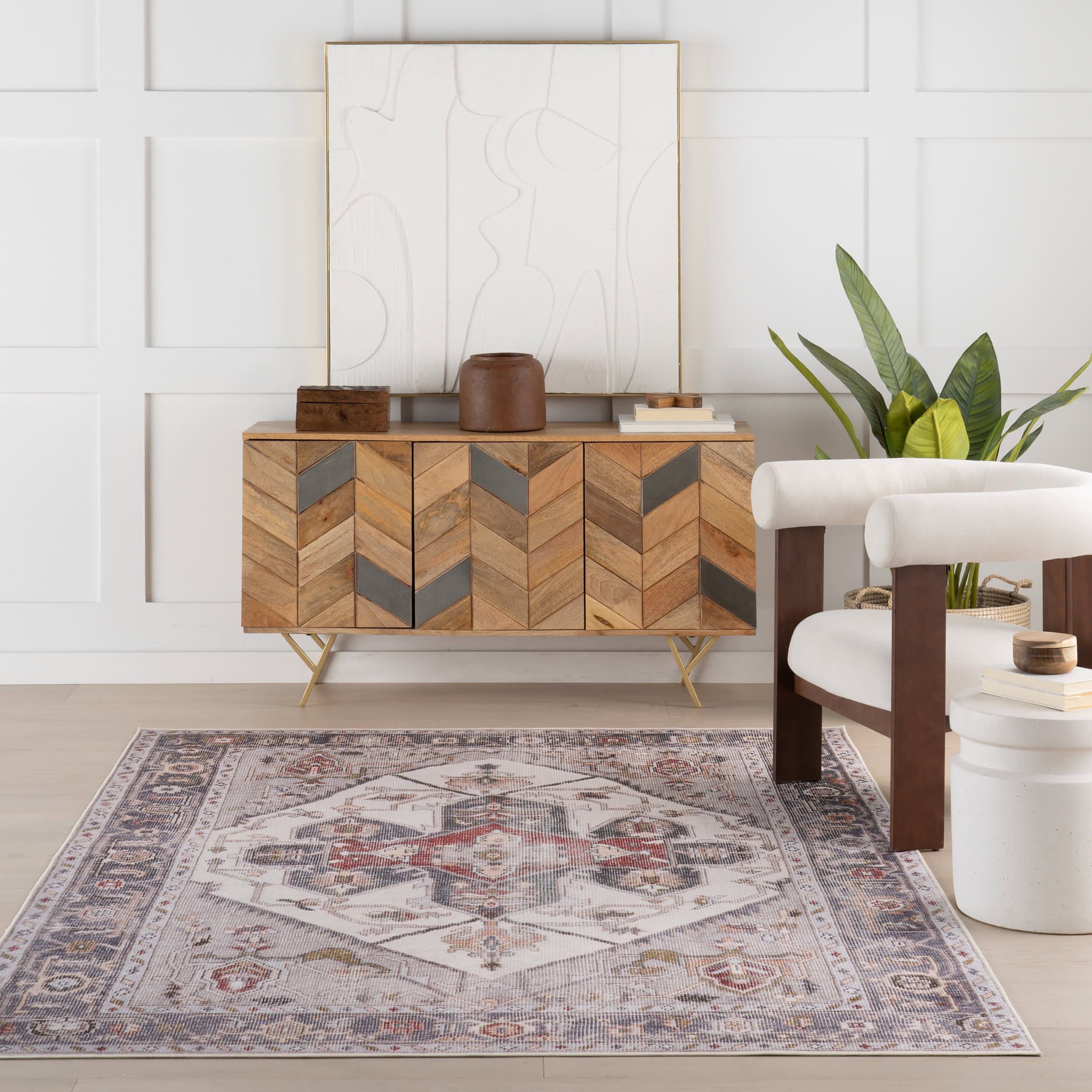 Crystalline Medallion Spill Proof Washable Rug | Beige